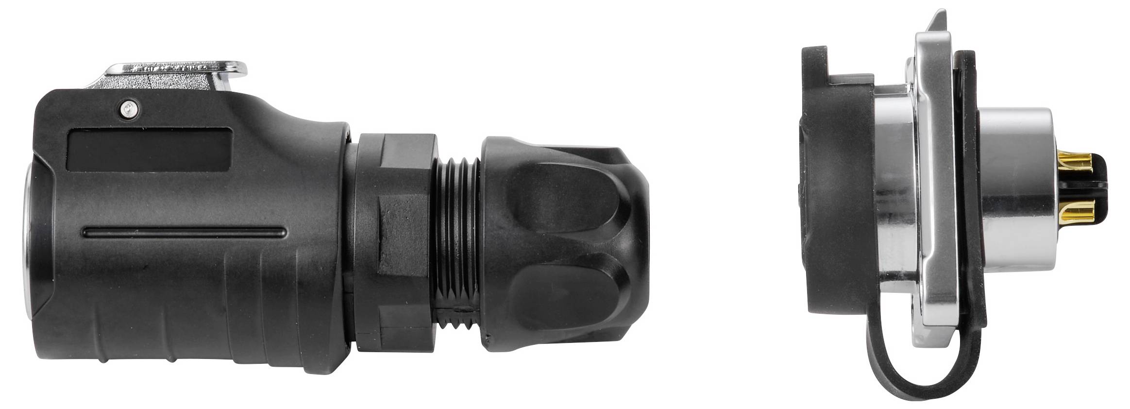 Schwarzer Elektrostecker aus Seiten- und Endansicht dargestellt, mit Schutzkappe und Verriegelungsring auf weißem Hintergrund.