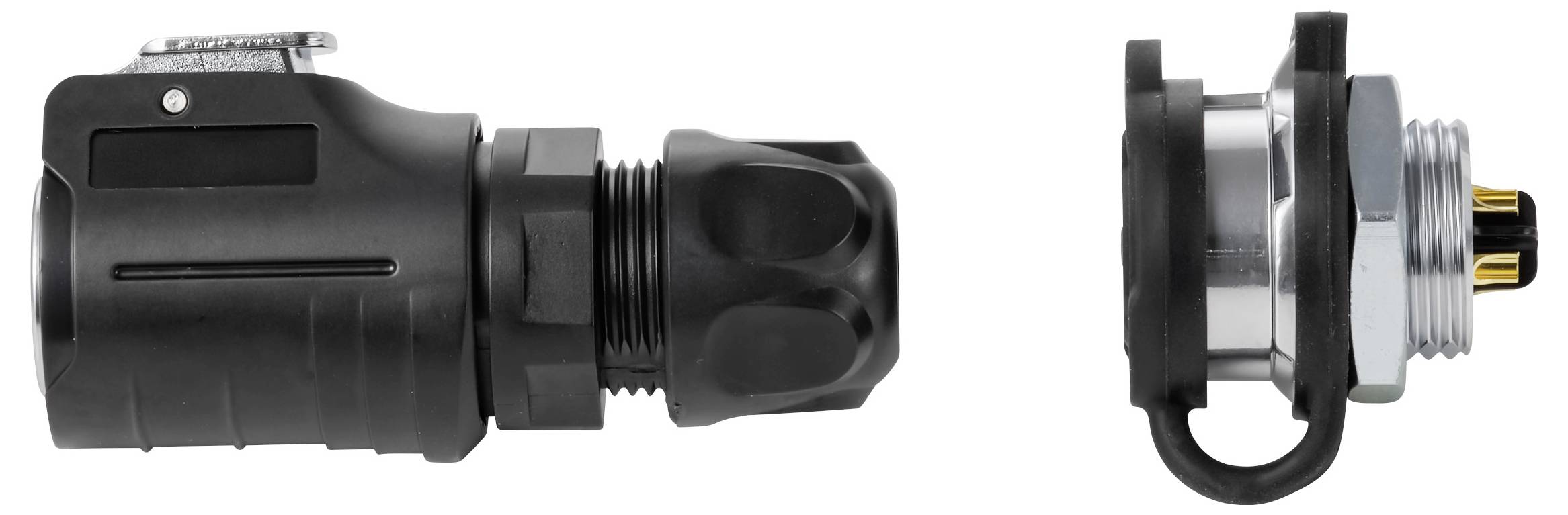 Schwarzer zylindrischer elektrischer Stecker oder Kabelverschraubung in Seiten- und Ansicht, mit Gewindespitze aus Metall und Verriegelungsring.