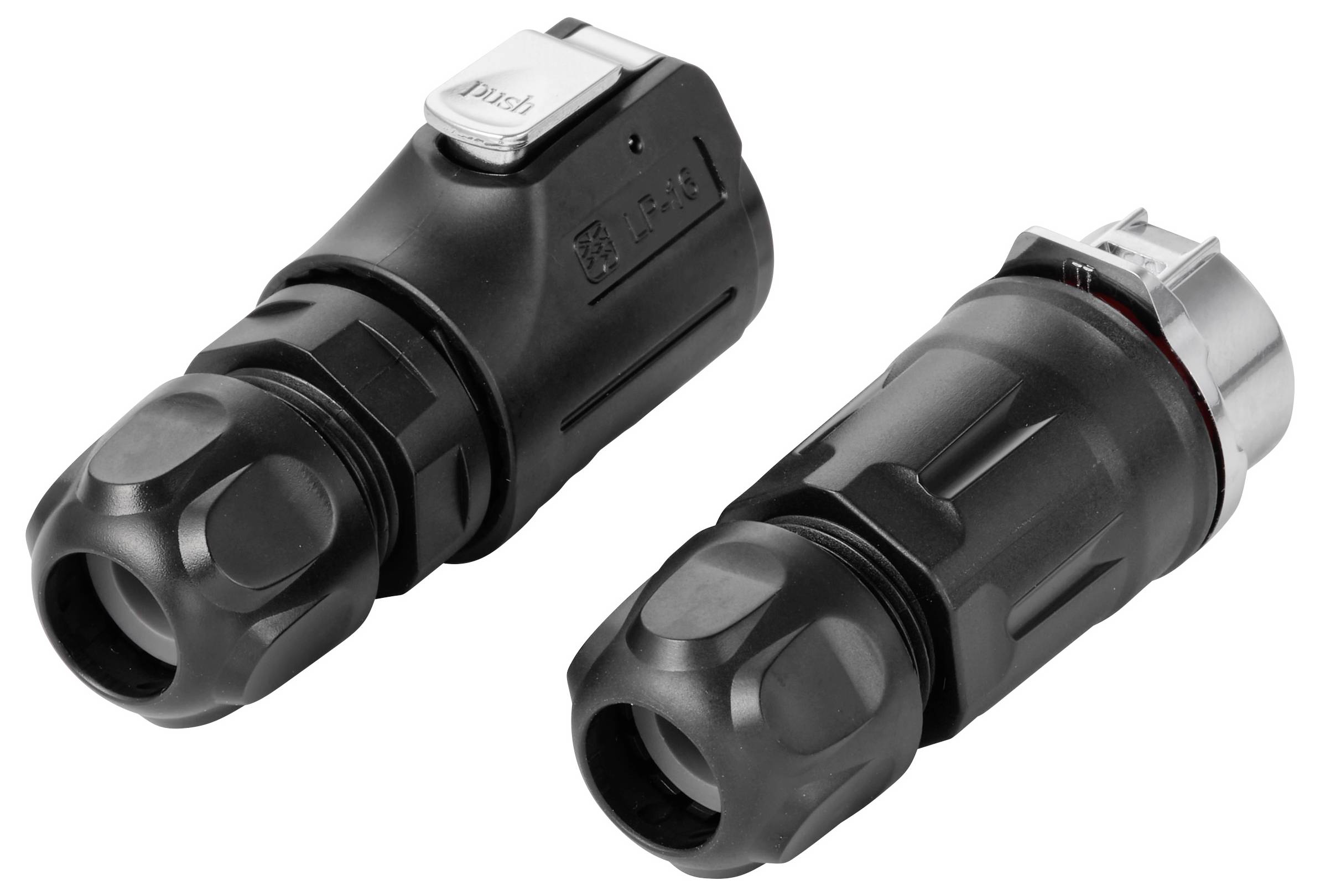 Zwei schwarze Elektrokabelstecker mit silbernen Verriegelungsclips, nebeneinander auf weißem Hintergrund dargestellt.