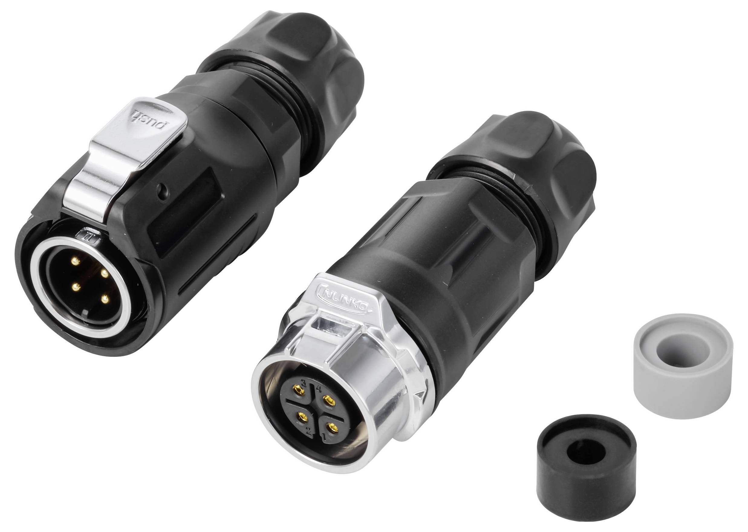 Zwei schwarze kreisförmige elektrische Stecker mit Arretierungsclips, gezeigt mit grauen und schwarzen Kabelstutzen auf weißem Hintergrund.