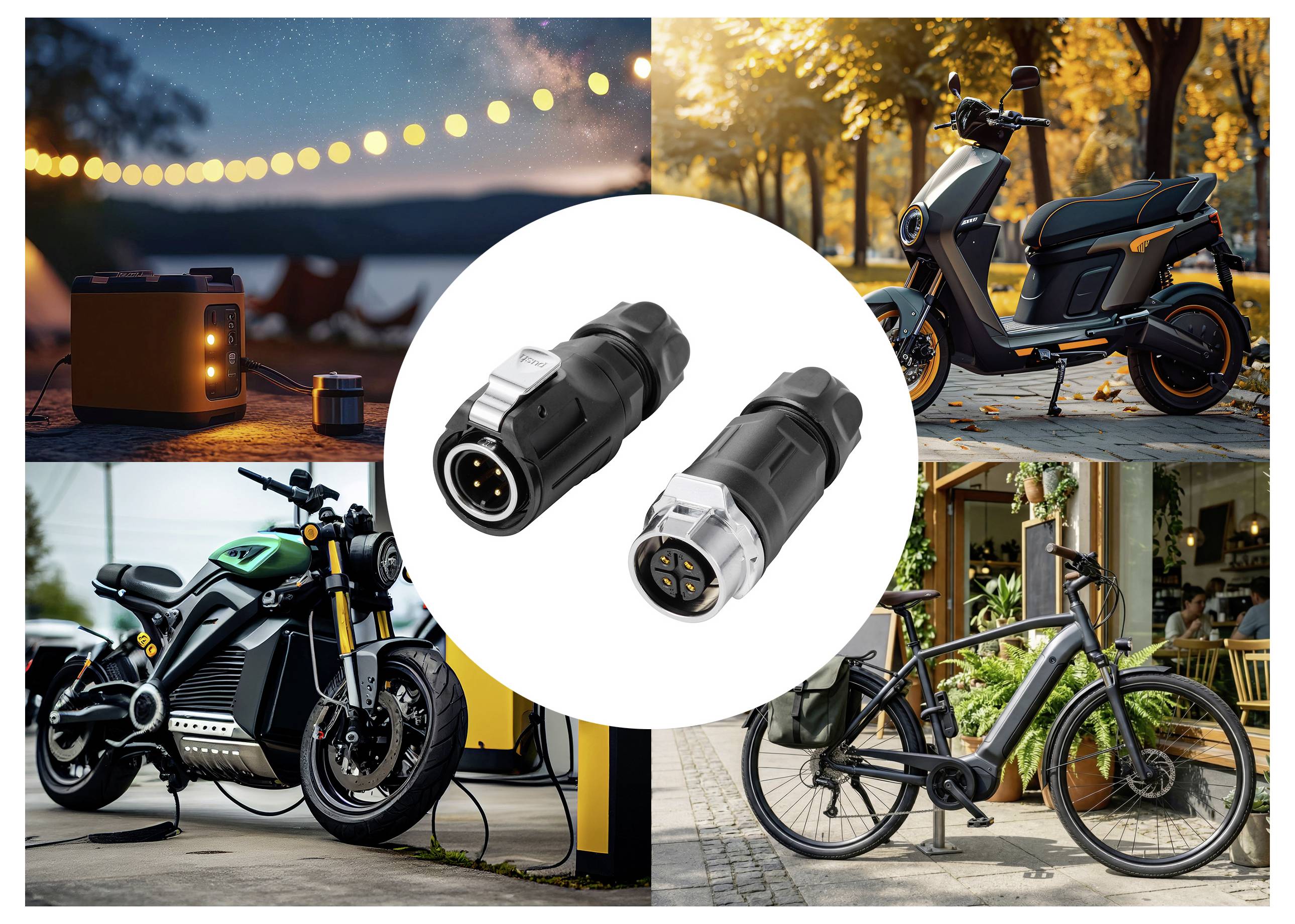 Zwei schwarze wasserdichte runde Stromverbinder in der Mitte, umgeben von Fotos von Elektrorollern, einem Motorrad und einem E-Bike, was auf Ladefunktionen oder Stromverbindungen für Elektrofahrzeuge hindeutet.