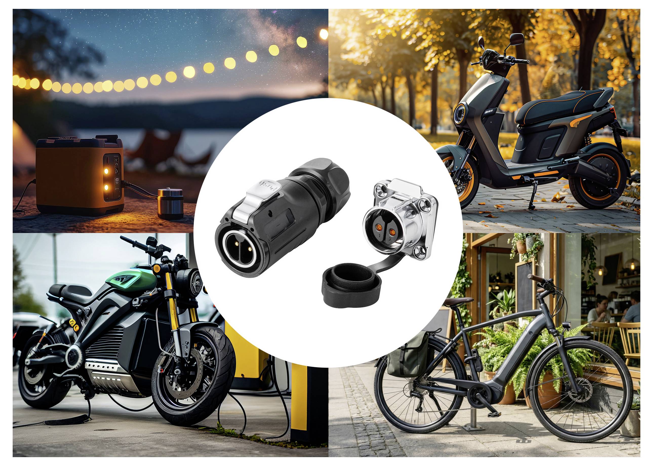 Collage von Elektrofahrzeugen beim Laden, zentriert auf zwei Ladestecker mit Schutzdeckeln, zeigt einen E-Scooter, ein E-Bike und ein Motorrad in Außen- und urbanen Umgebungen.