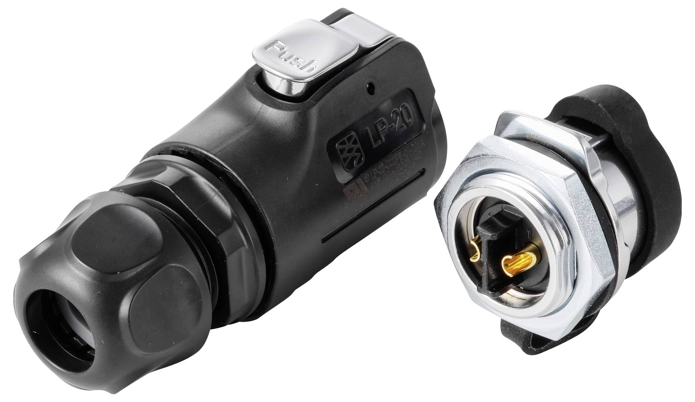 Zweiteiliger wasserdichter Elektrostecker-Satz: schwarzes Stromkabel mit Verriegelungskappe und passendes Metall-Panelsteckverbinder mit freiliegenden Kontakten.