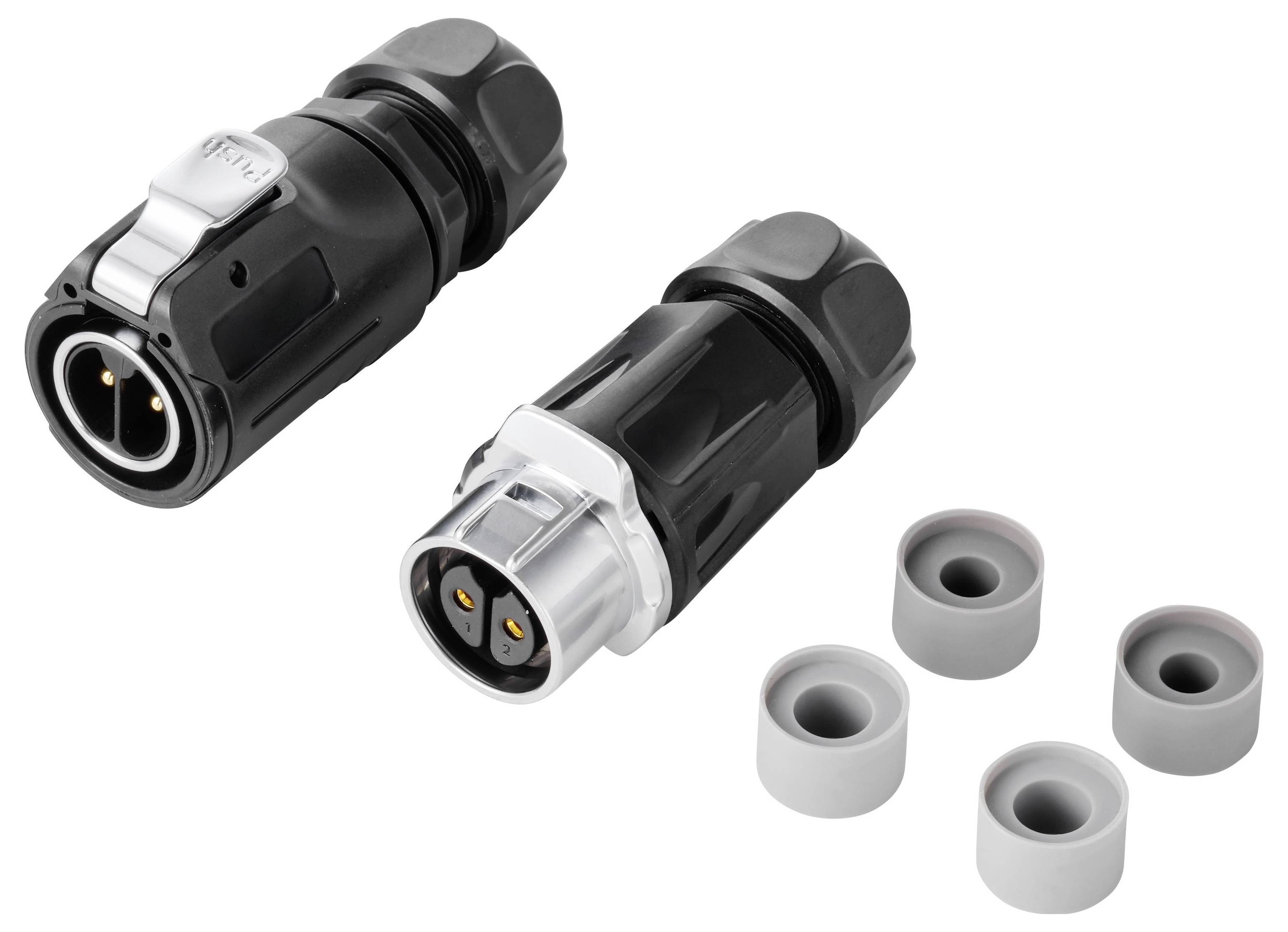 Zwei schwarze kreisförmige Elektrokabelstecker und vier graue Gummitüllen auf weißem Hintergrund.