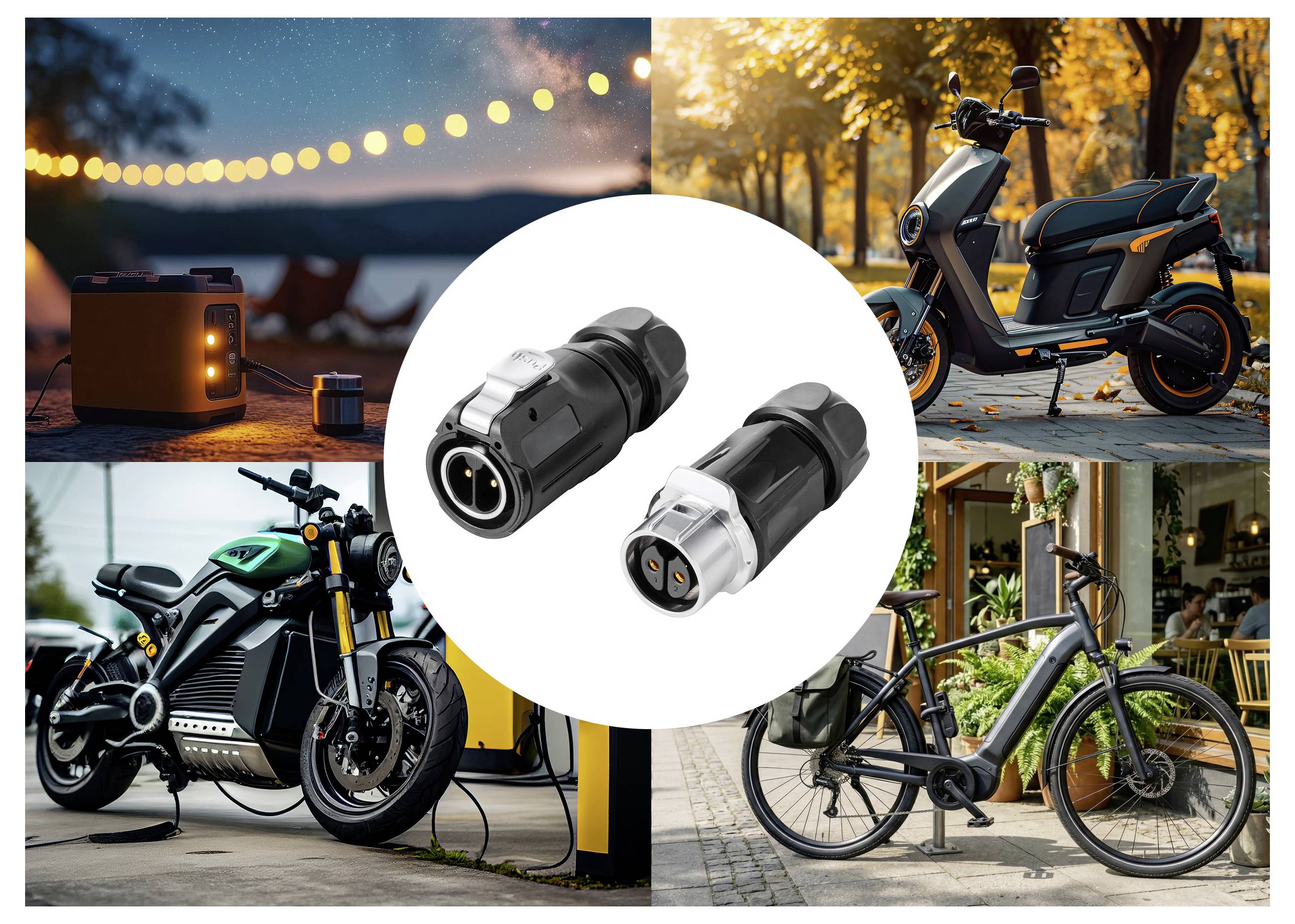 Zwei elektrische Ladestecker zentriert über einer Collage von Elektrorollern, Motorrädern und einem E-Bike, die im Freien und an einer Station geladen werden.
