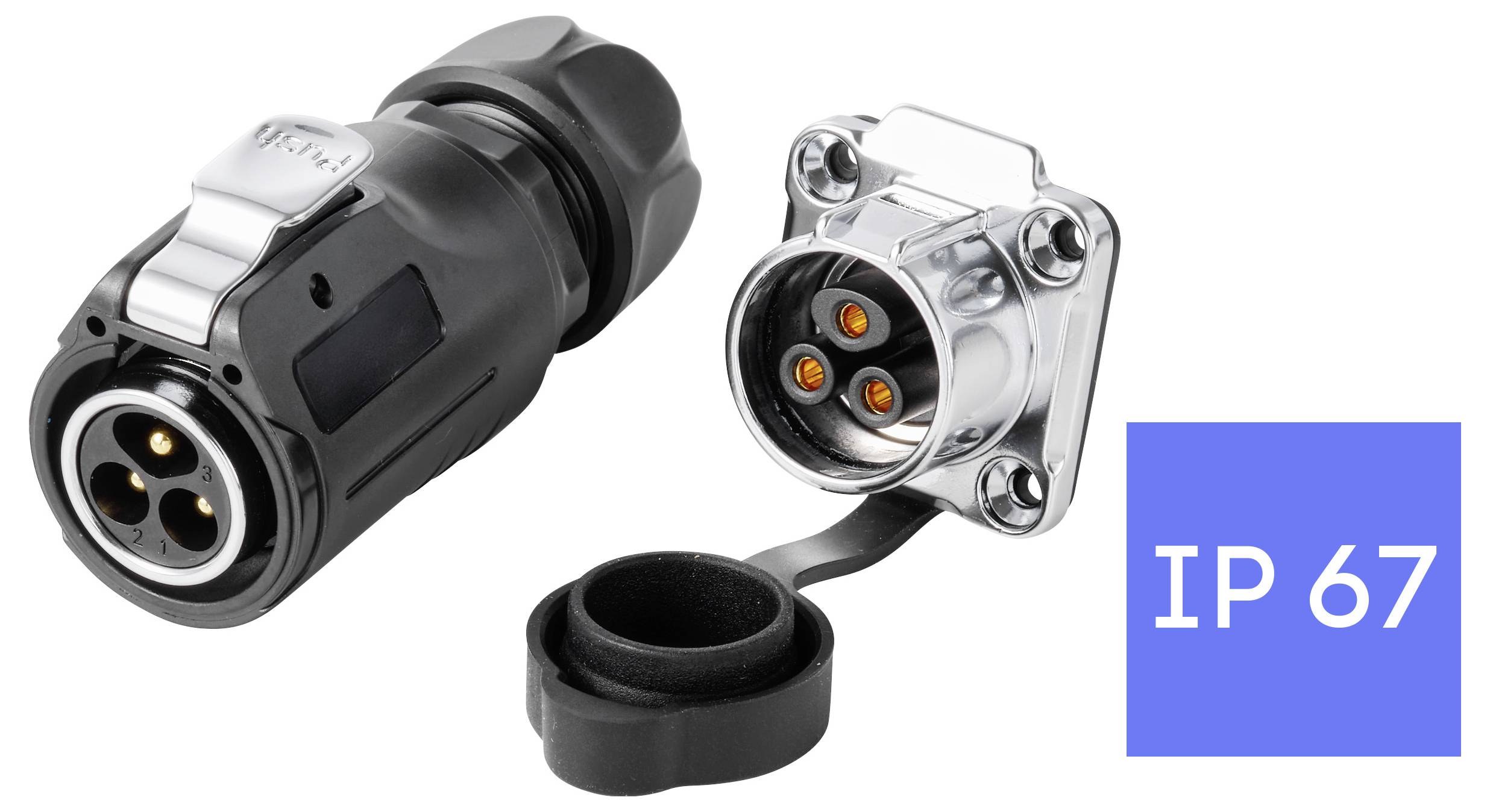 Wasserdichter Elektrostecker und passende Buchse mit Schutzkappe, gekennzeichnet mit "IP 67".