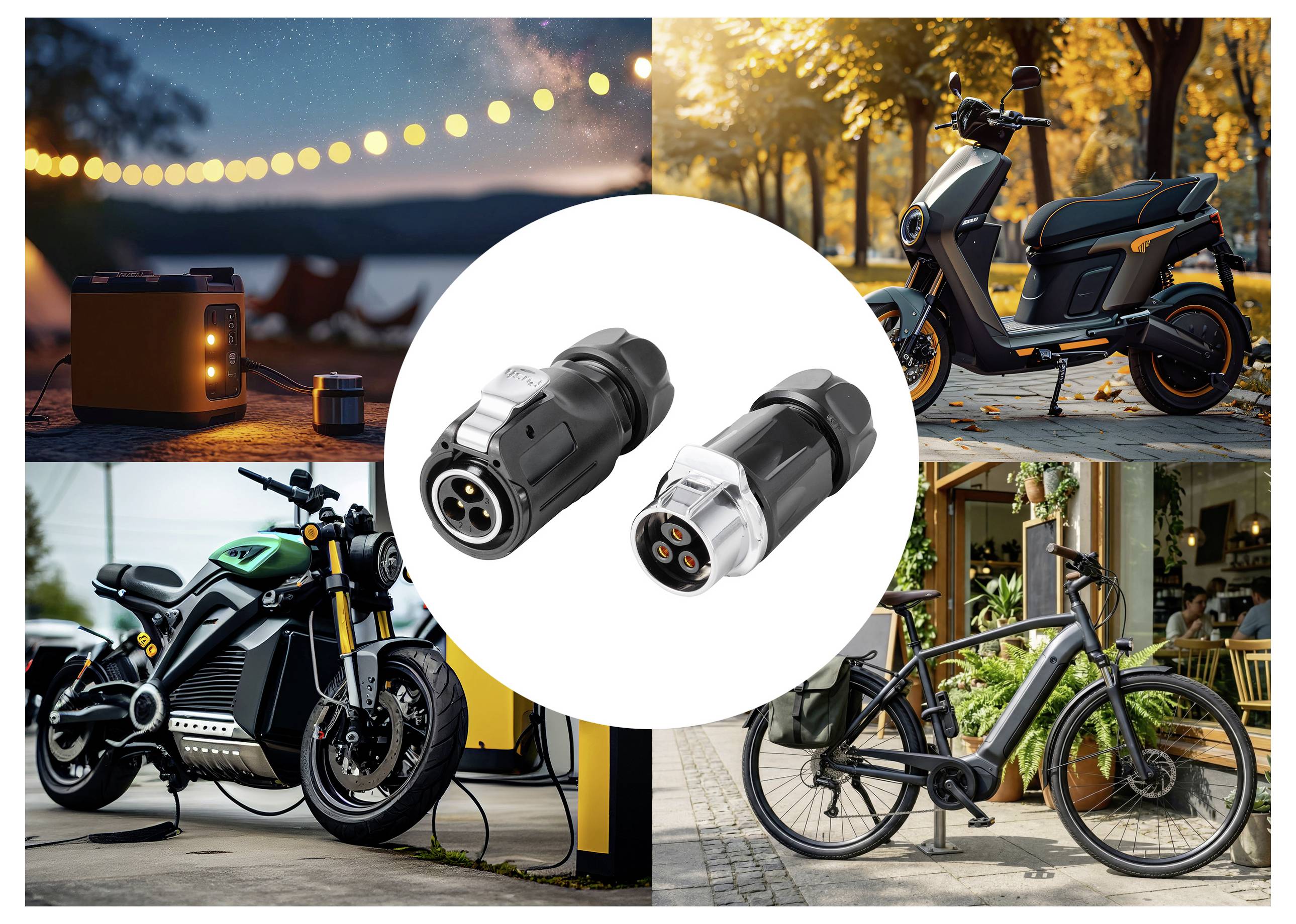 Zwei elektrische Ladestecker in der Mitte eines weißen Kreises, umgeben von Bildern von E-Scootern, Fahrrädern und einer Stromversorgung auf einem Campingplatz.