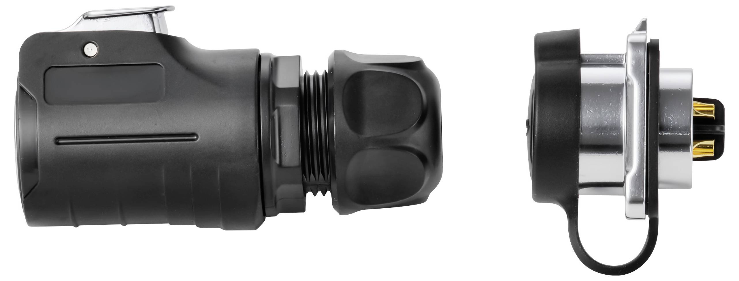 Schwarzer elektrischer Stromstecker, gezeigt von Seiten- und Endansicht, mit metallischem Verriegelungsring und freigelegten Kontaktstiften.
