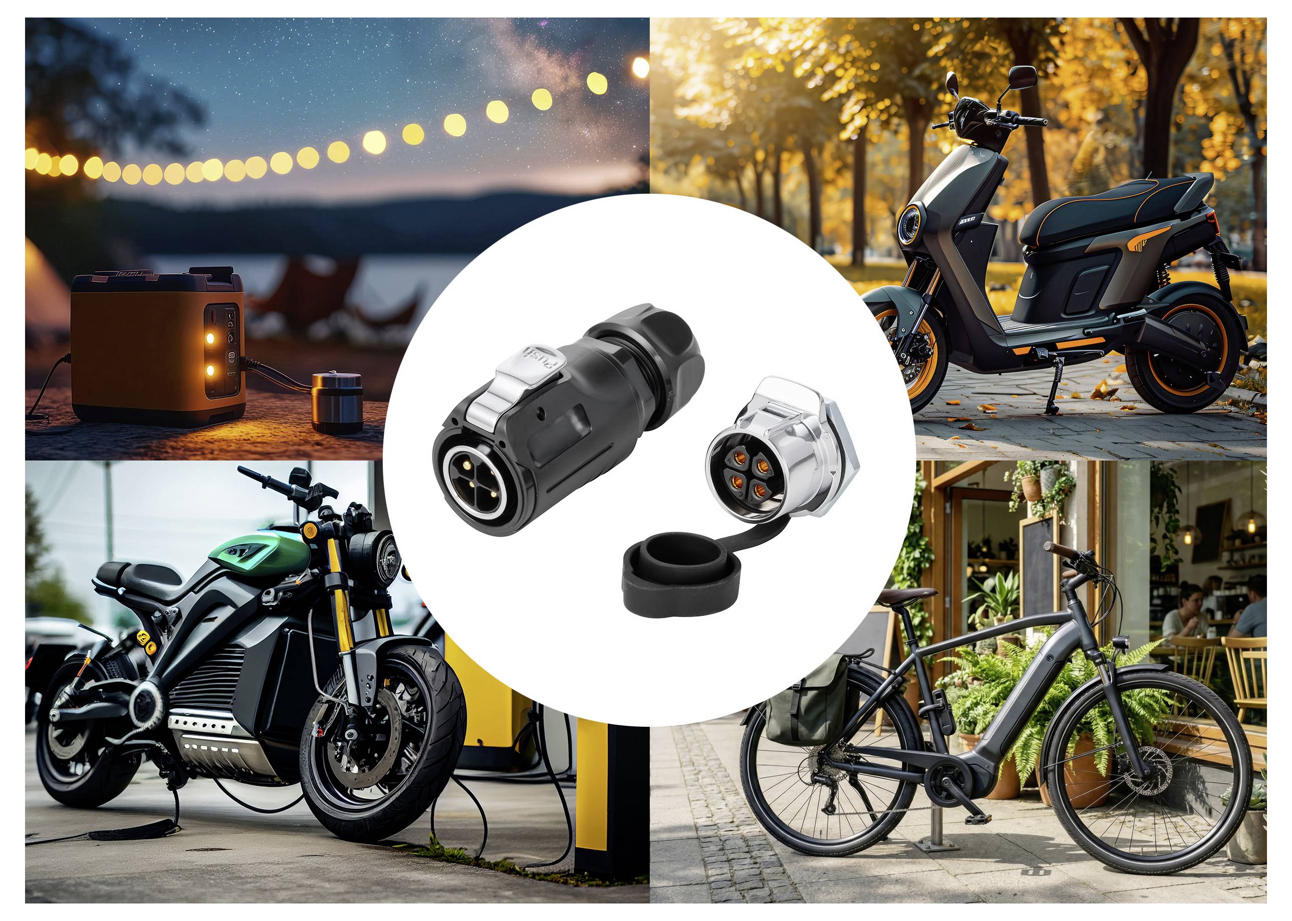 Das mittlere Bild zeigt Ladestecker für Elektrofahrzeuge mit einer Schutzkappe, umgeben von Beispielen zum Laden von E-Bike, Roller und Motorrädern.
