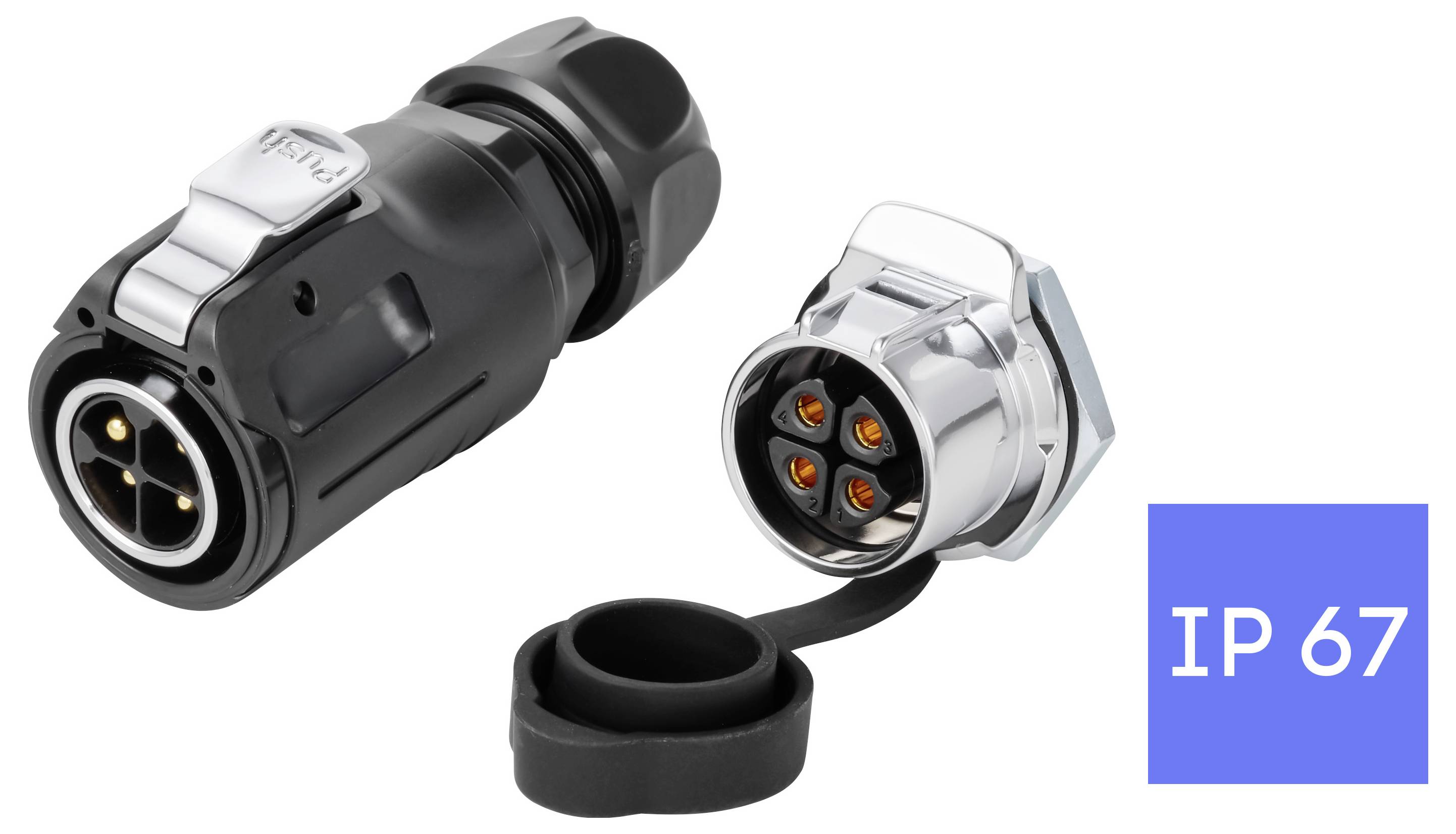 Zwei wasserdichte runde Elektrostecker mit Schutzkappe, gekennzeichnet mit IP67.