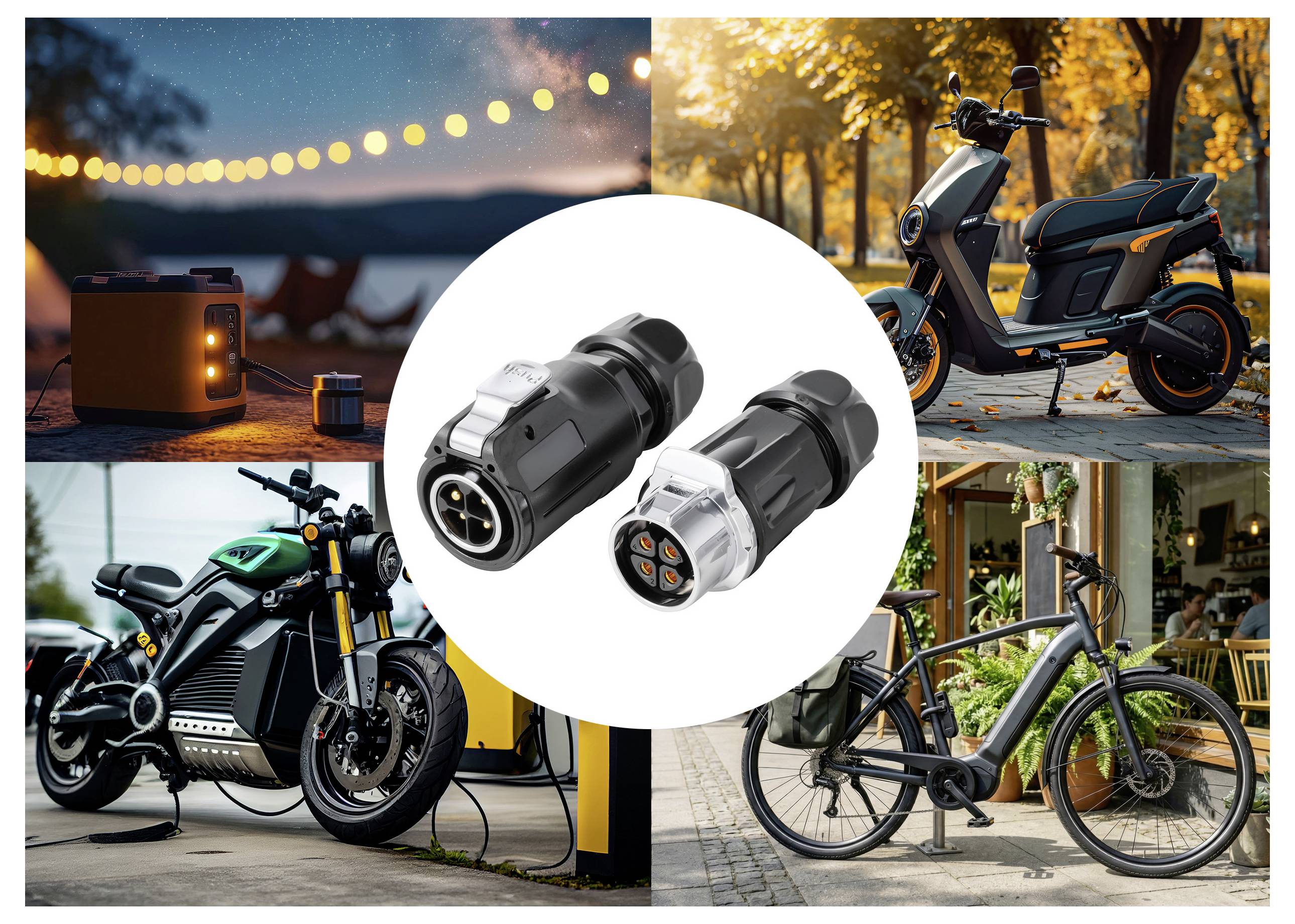 Zwei Elektrofahrzeug-Ladestecker in der Mitte, umgeben von Bildern eines Elektro-Rollers, Motorrads, Fahrrads und einer tragbaren Stromversorgung, was auf das Laden für elektrische Mobilität hindeutet.
