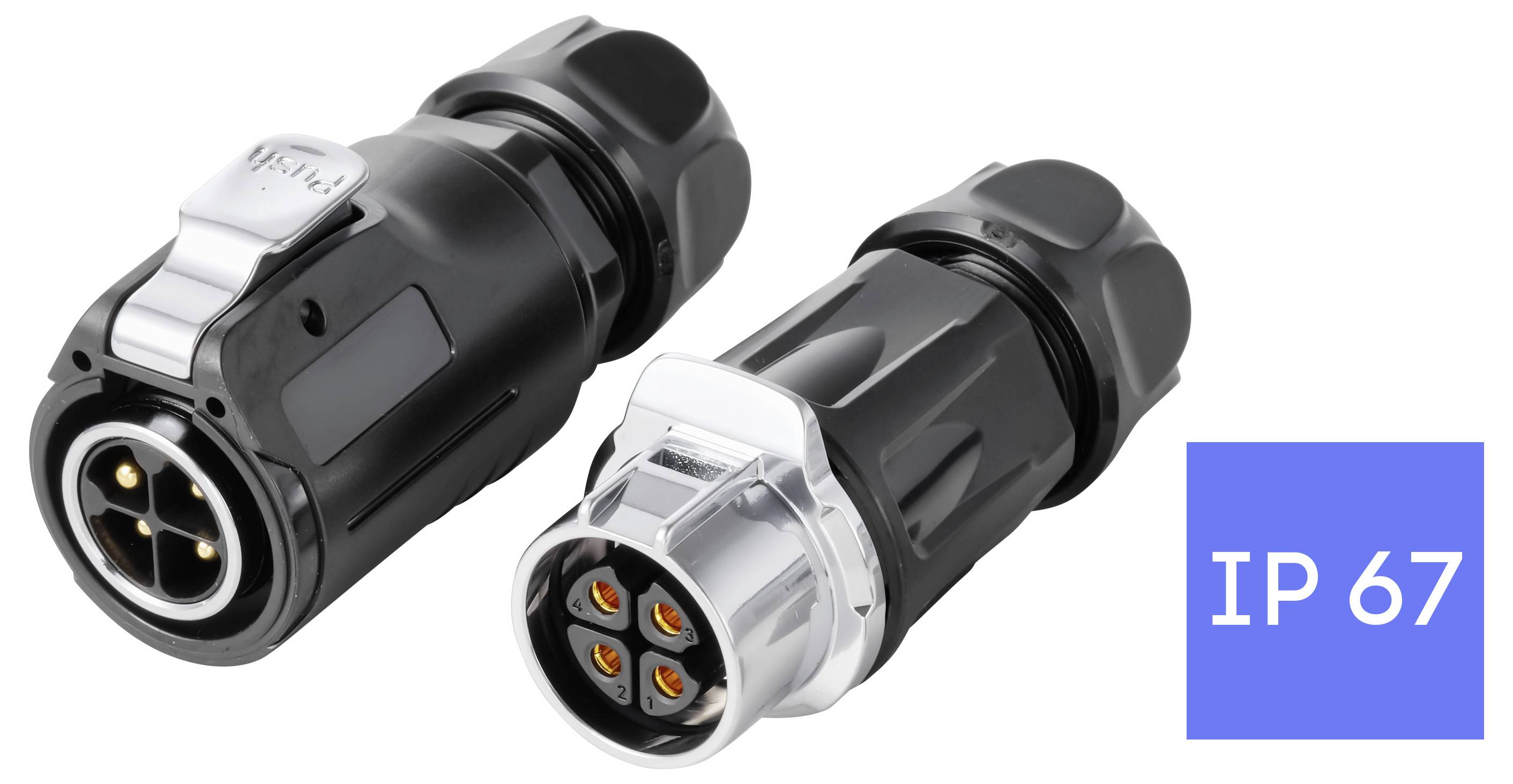 Zwei wasserdichte industrielle Elektrostecker, einer schwarz und einer silberfarben, gekennzeichnet mit IP 67.