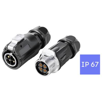 Zwei wasserdichte industrielle Elektrostecker, einer schwarz und einer silberfarben, gekennzeichnet mit IP 67.