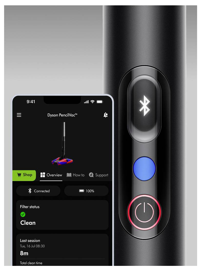 Smartphone-App für "Dyson PencilVac" zeigt Verbindungsstatus, 100 % Batterie, Filterstatus "Sauber", letzte Sitzung 8 Min., neben dem Staubsaugegriff mit Bluetooth- und Stromschaltern.