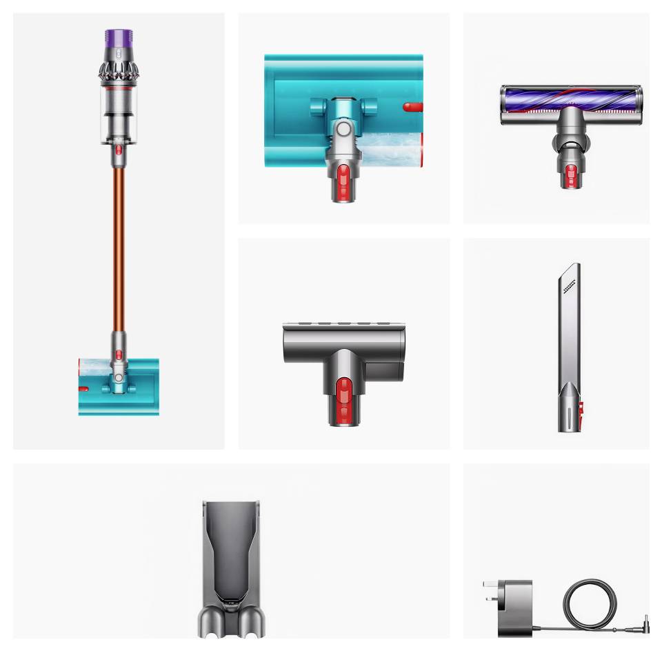 Illustriertes Set von Dyson-Staubsauger-Aufsätzen und Zubehör, das einen Bodenkopf, ein Fugenwerkzeug, einen Bürstenkopf, ein kleines motorisiertes Werkzeug, eine Andockklammer und einen Stromadapter mit Kabel zeigt.