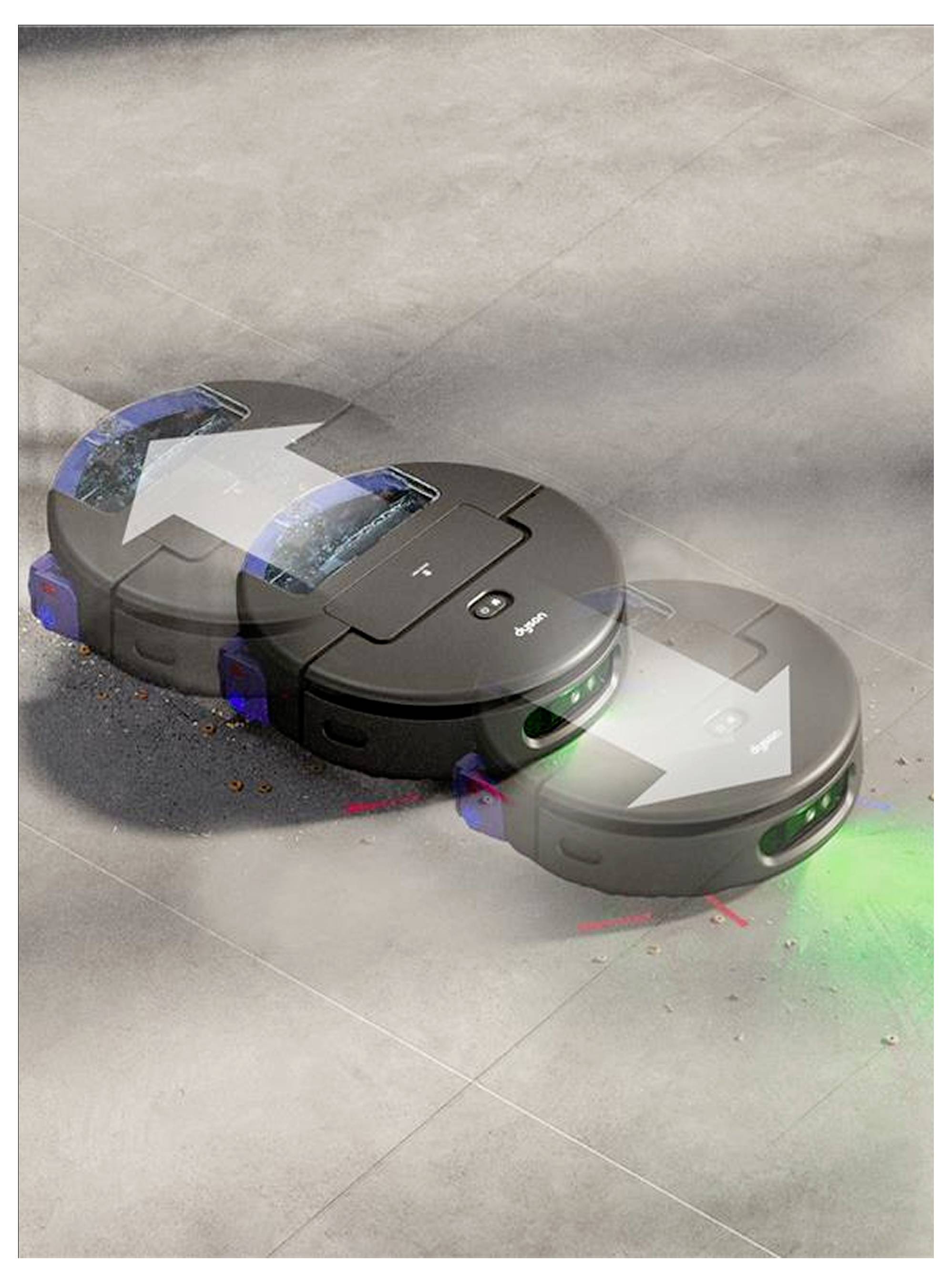 Drei verbundene runde Roboterstaubsauger-Module auf einem Boden, die einen modularen Reinigungsroboter oder ein Transportgerät in Aktion suggerieren.