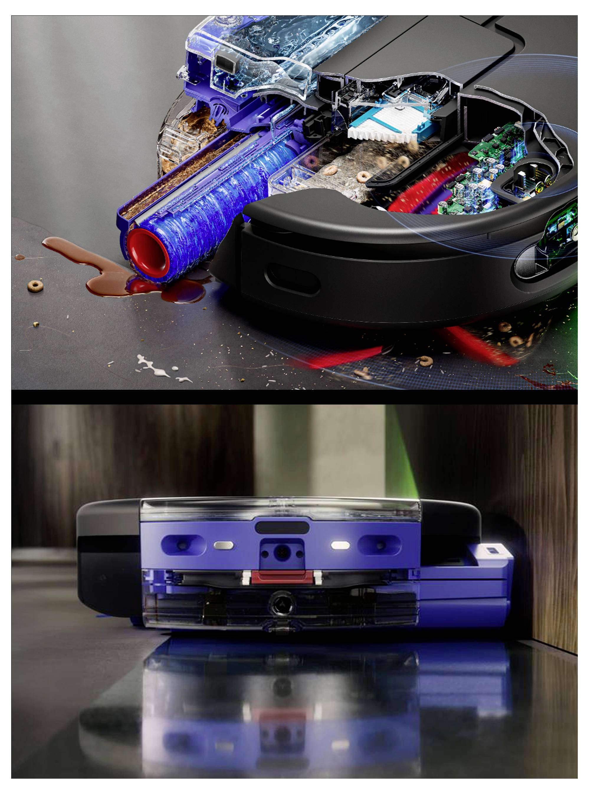 Zwei Ansichten eines Roboterstaubsaugers mit sichtbarem blau beleuchteten internen Wasserreinigungsmechanismus, in Nahaufnahme auf dem Boden und von vorne gezeigt.