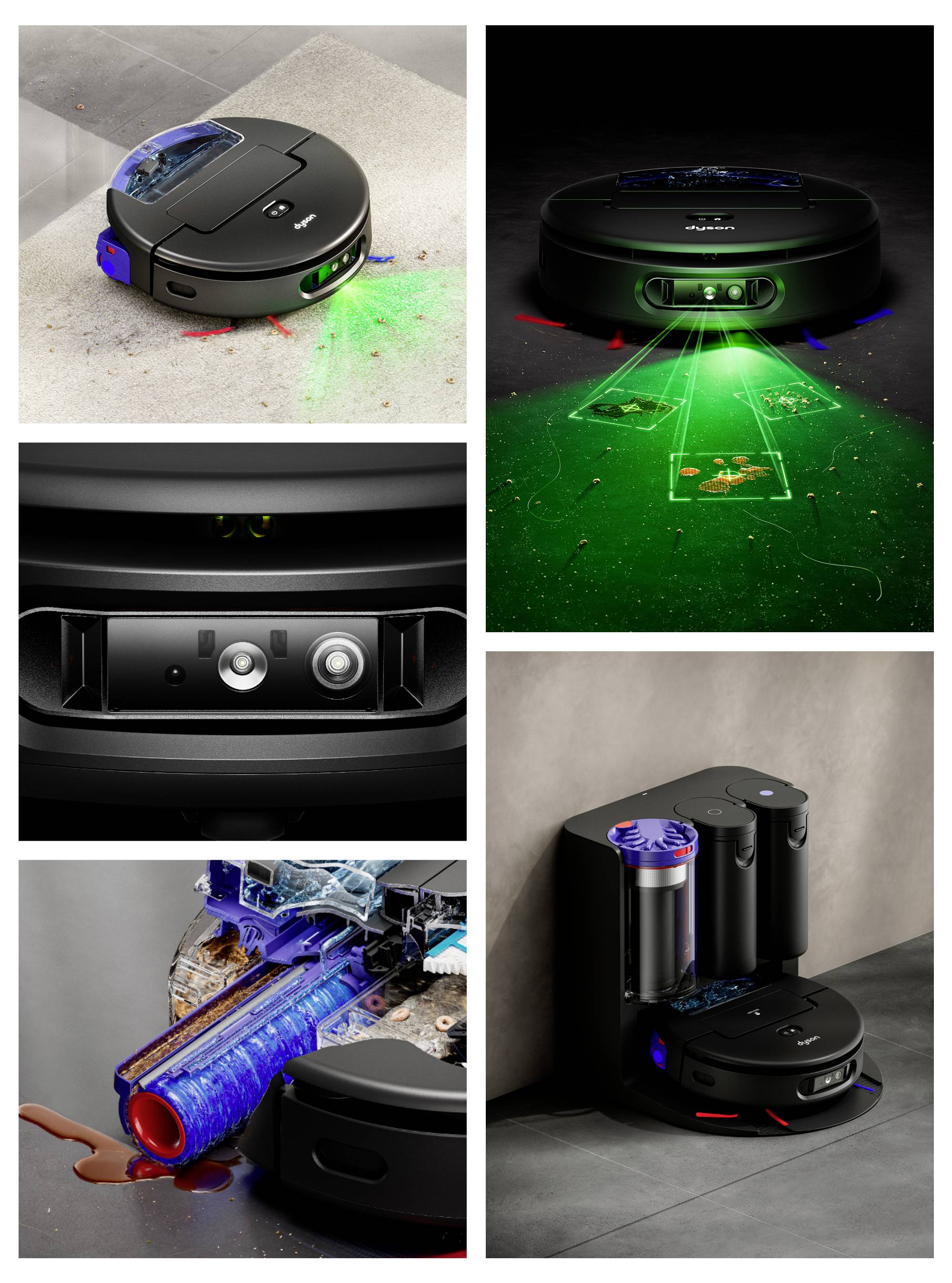 Collage eines Roboterstaubsaugers mit Lasernavigation, vorderen Sensoren und Walzenbürste beim Reinigen von Schmutz, gezeigt in Aktion und an der Ladestation.