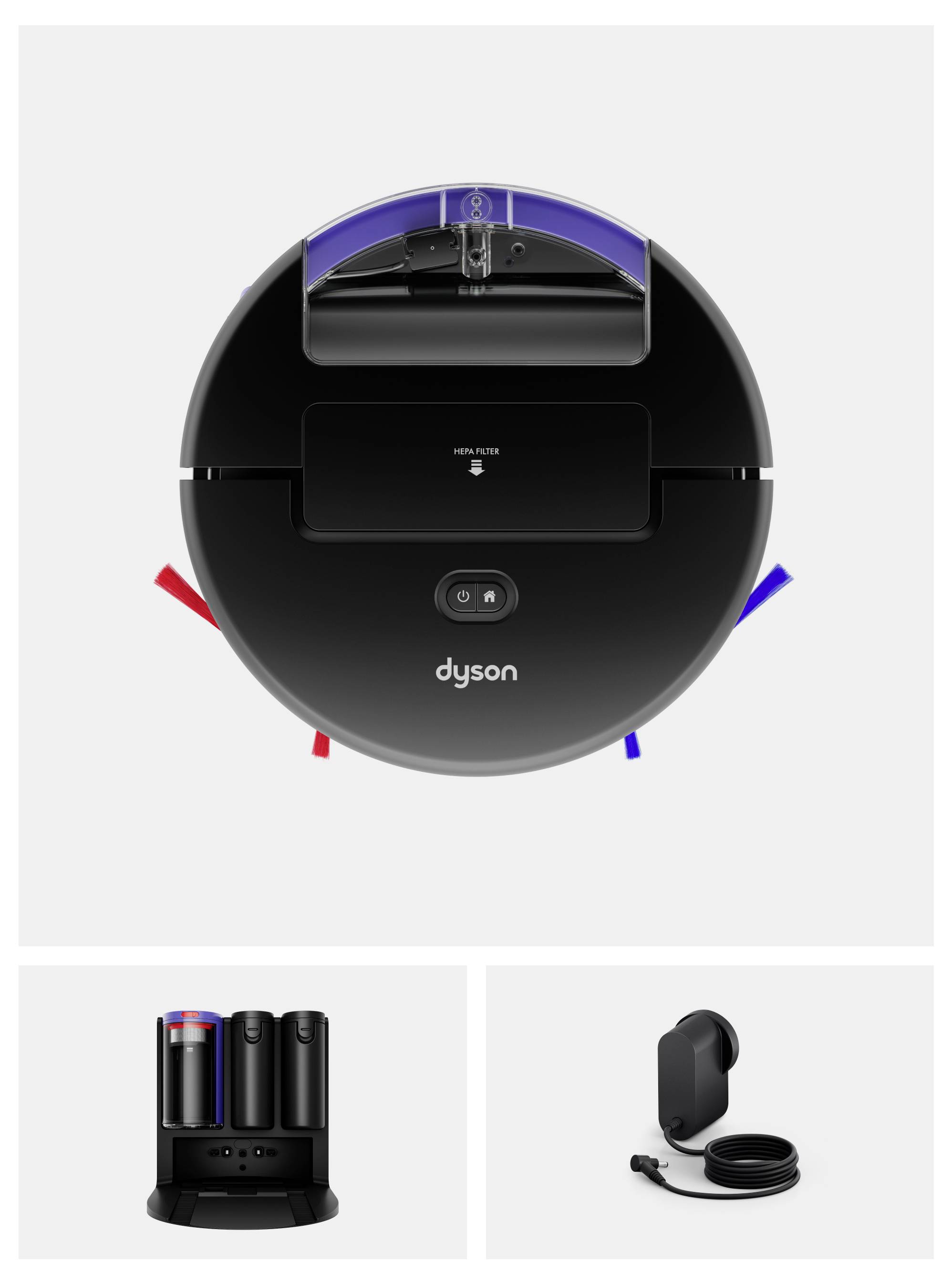Dyson-Saugroboter von oben dargestellt, mit Ladestation und Seitenansicht des Netzteils unten.