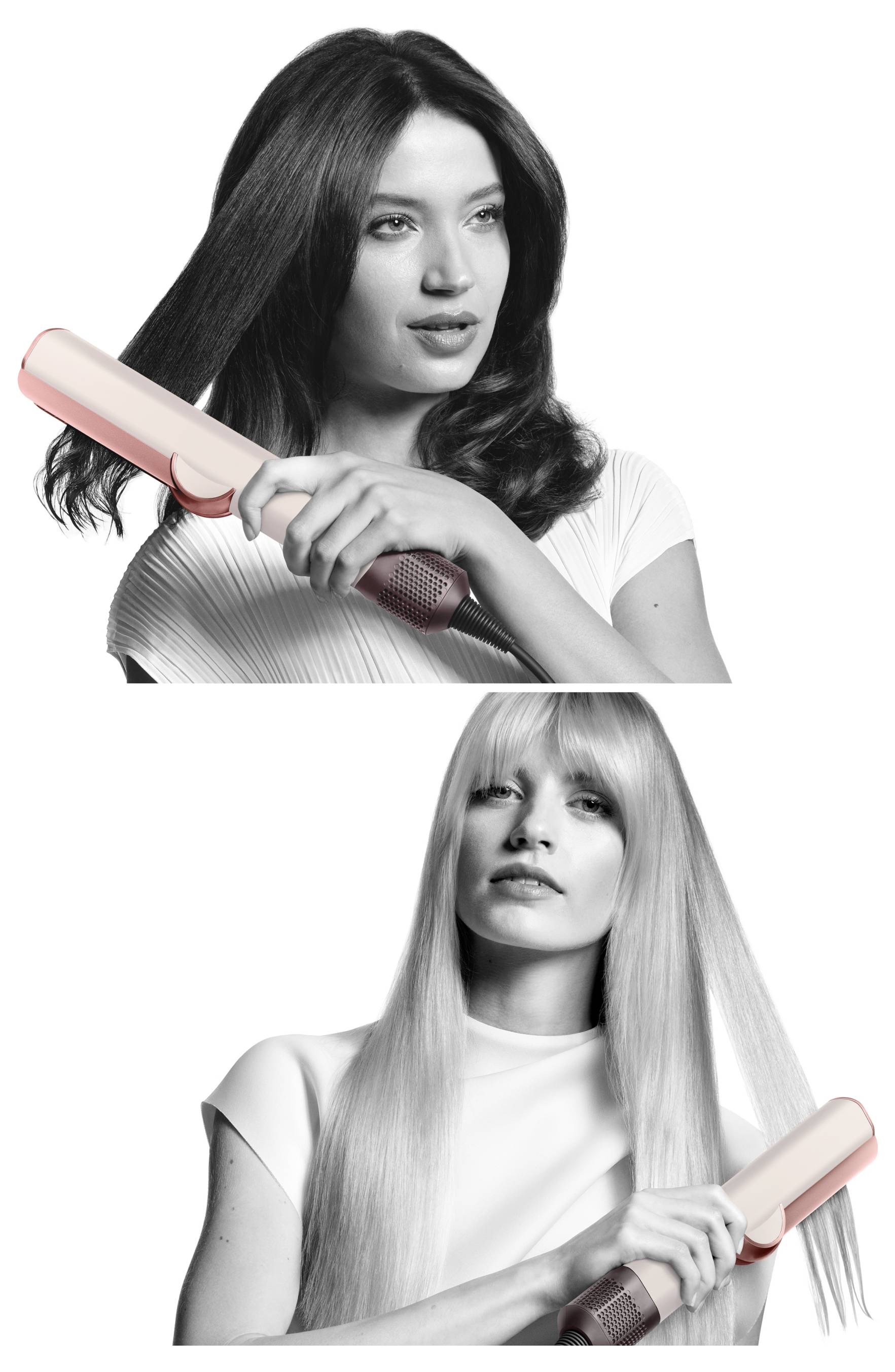 Schwarz-Weiß-Aufspaltungsbild von zwei Frauen, die Haare mit leuchtenden Glättungsbürsten stylen, eine mit dunklen Haaren und eine mit blonden Haaren.