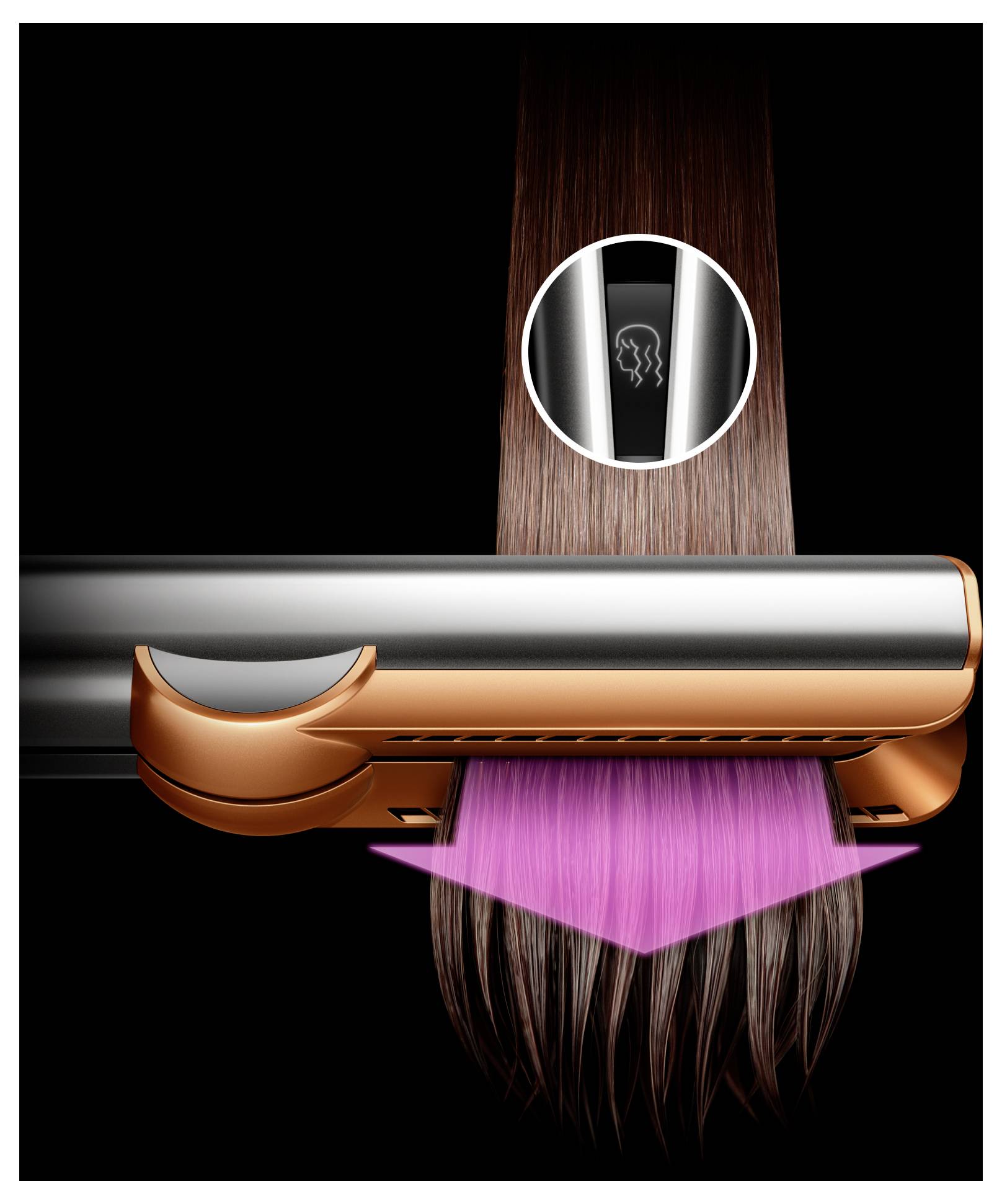 Haarglätter, der eine Haarsträhne erfasst, mit einer vergrößerten Einfügung, die die Wärmekontrolle zeigt, und einem Abwärtspfeil, der das Glätten oder Stylen von Haaren anzeigt.