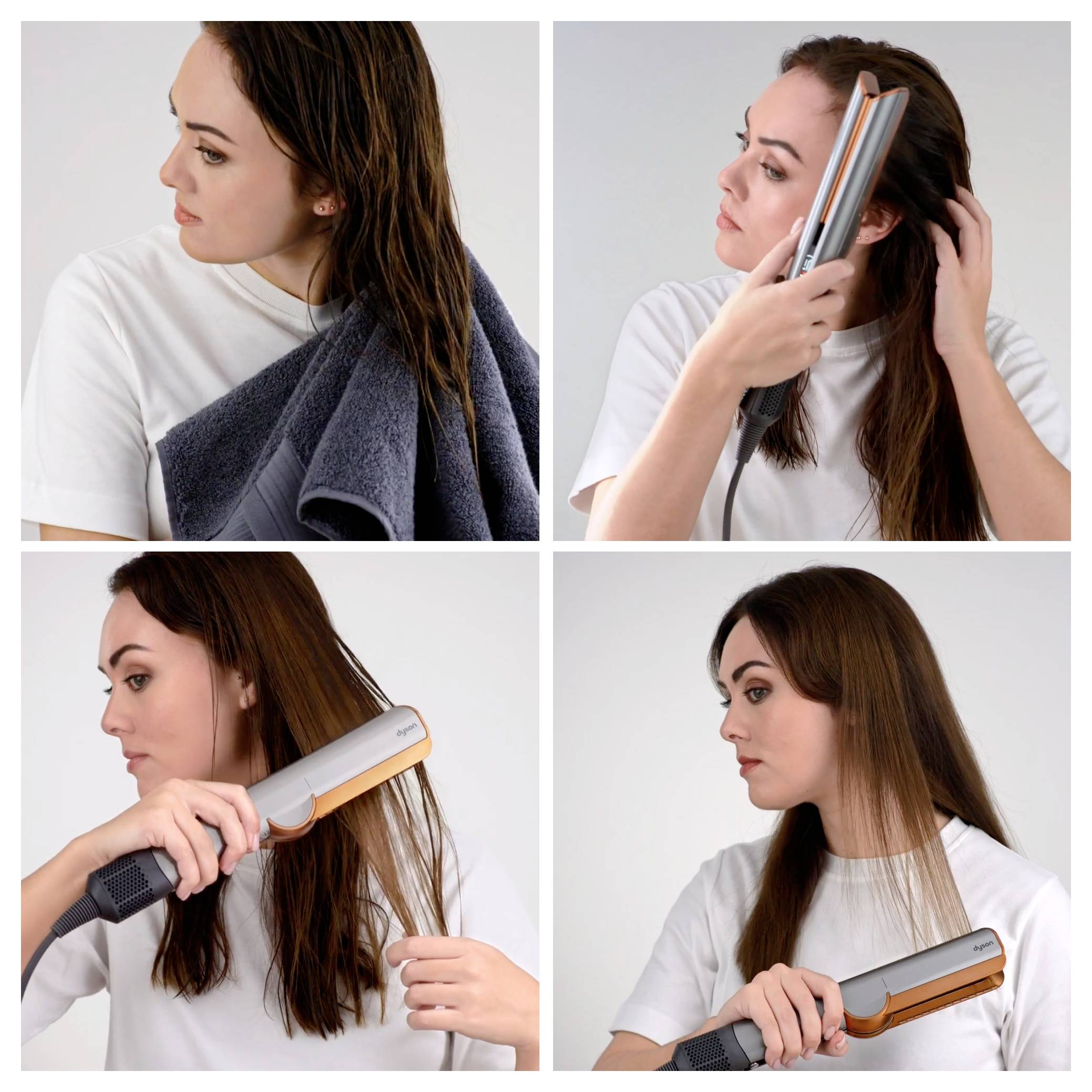 Vierschrittiges Fotosequenz einer Frau, die ihr Haar mit einem Handtuch und einem Glätteisen trocknet und glättet, wobei der Stylingprozess gezeigt wird.