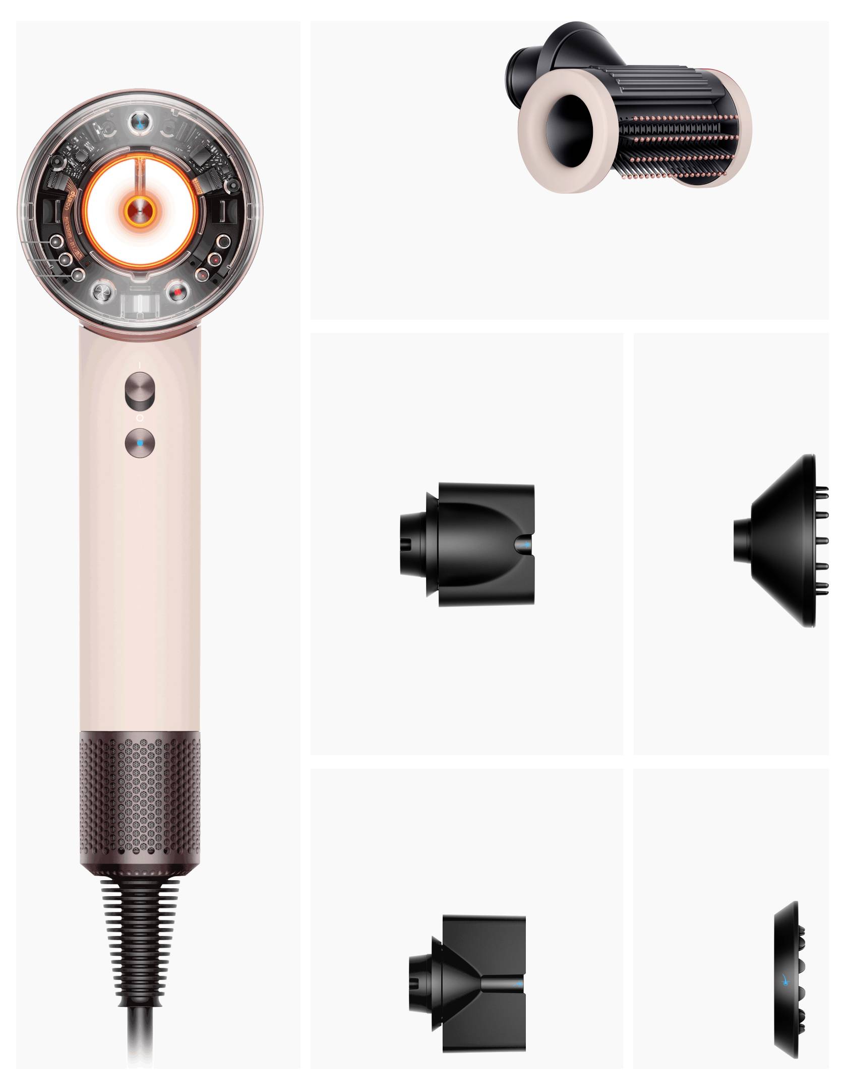 Produktdiagramm mit einem roséegoldenem Haartrockner mit Nahaufnahmen der Vorder-, Seiten- und Aufsatzansichten auf weißem Hintergrund.