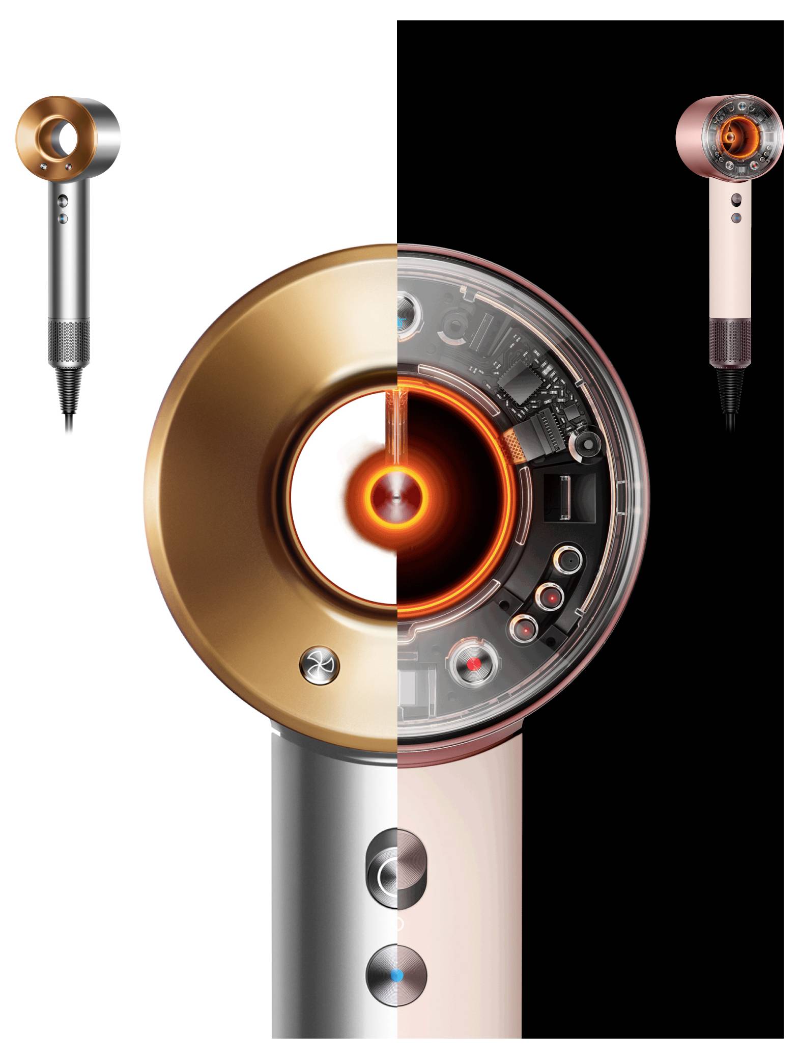 Geteilte Produktdarstellung eines eleganten futuristischen tragbaren Geräts, das auf der linken Seite ein metallisches Äußeres und auf der rechten Seite leuchtende orange Innenschaltkreise zeigt.