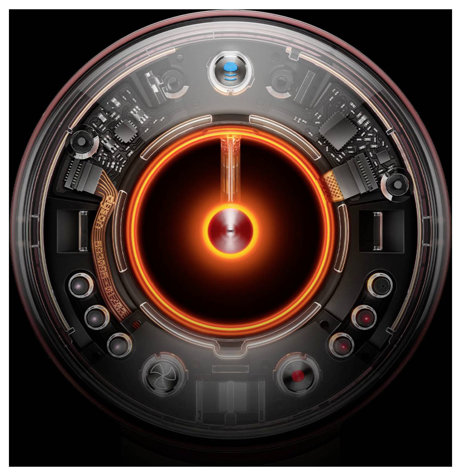Futuristische kreisförmige Science-Fiction-Benutzeroberfläche mit leuchtend orangem Zentralkern und umgebenden mechanischen Komponenten auf dunklem Hintergrund.
