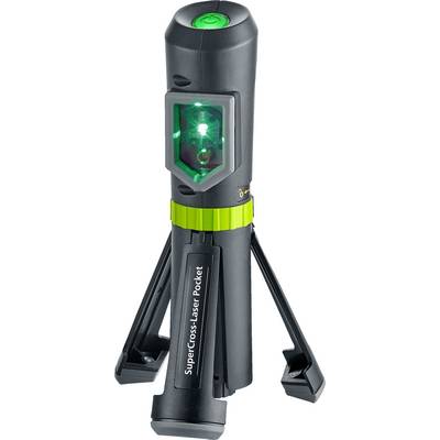 Tragbares Lasernivelliergerät mit grünem Strahl, Stativbeinen und Aufschrift „SuperCross-Laser Pocket", aufrecht auf weißem Hintergrund dargestellt.