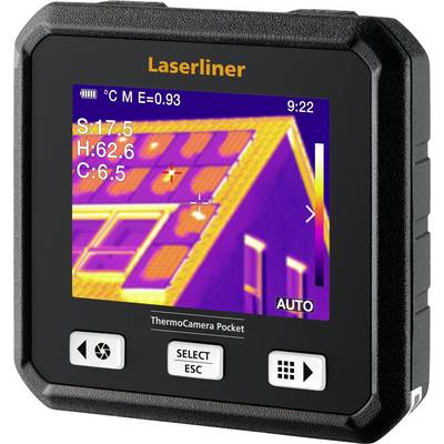 Tragbares Laserliner ThermoCamera Pocket zeigt ein Wärmebild eines Gebäudedachs und einer Wand mit Temperaturwerten und AUTO-Modus an.