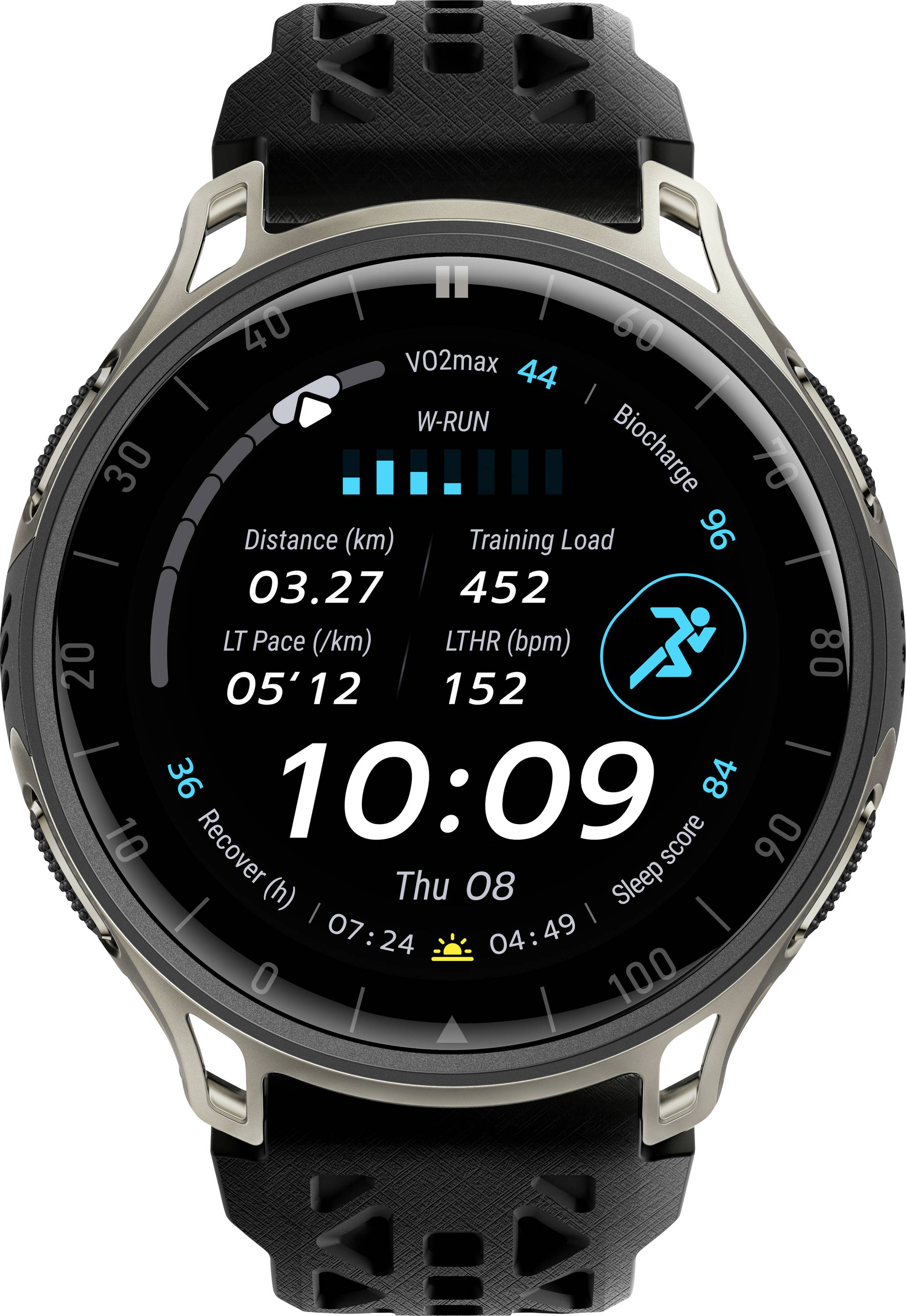 Smartwatch-Fitness-Dashboard mit einer Trainingsübersicht mit Uhrzeit 10:09, Datum Do 08, Entfernung 3,27 km, Tempo 05'12, Trainingsbelastung 452, Herzfrequenz 152 und Laufsymbol.