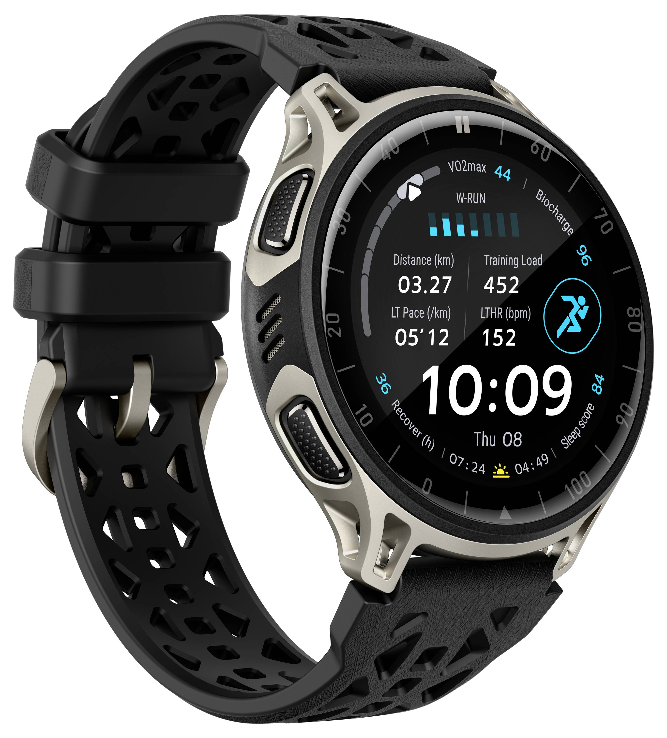 Runde schwarze und silberne Smartwatch mit schwarzem perforiertem Sportarmband, das ein Fitness-Tracking-Display mit der Uhrzeit 10:09 und Laufstatistiken anzeigt.