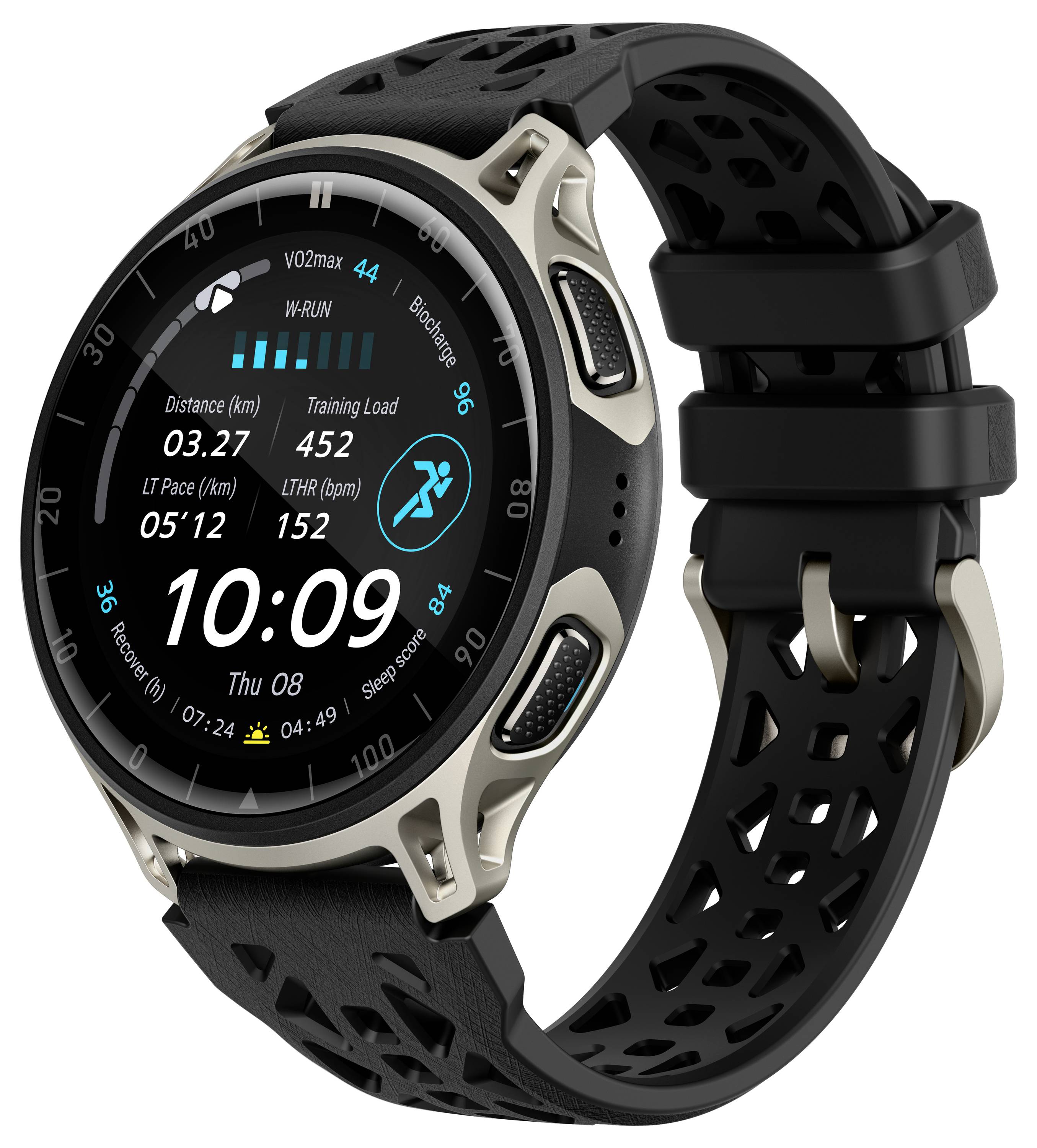 Schwarze und goldene runde Smartwatch mit perforiertem schwarzem Armband, zeigt Fitness-Metriken und die Uhrzeit 10:09 auf dem Zifferblatt an.