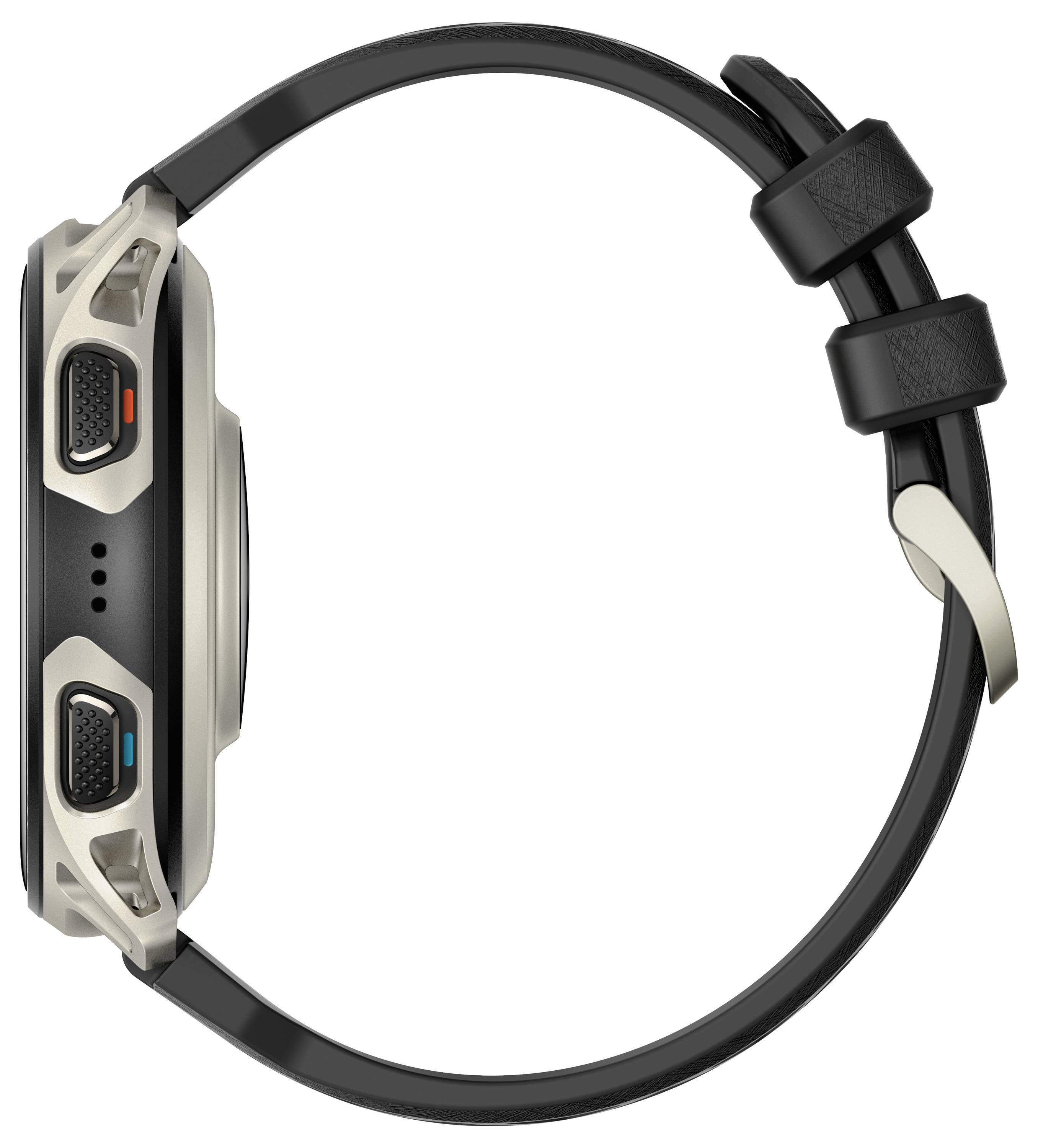 Seitenansicht einer schwarzen und silbernen digitalen Armbanduhr mit rundem Gehäuse, schwarzem Armband und zwei Seitentasten mit orangefarbenen und blauen Akzenten.