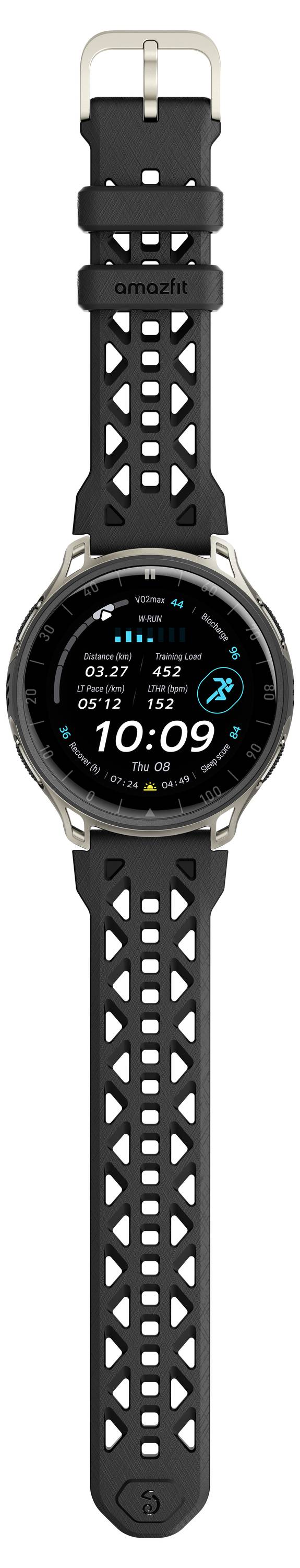 Eine schwarze Smartwatch mit perforiertem Sportarmband zeigt die Uhrzeit 10:09 auf einem kreisförmigen digitalen Zifferblatt an.