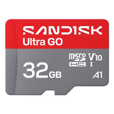 SanDisk Ultra Go 32GB microSD-Karte mit UHS-I, V10, A1 Geschwindigkeitsklasse-Kennzeichnungen auf einer rot-grauen Karte.