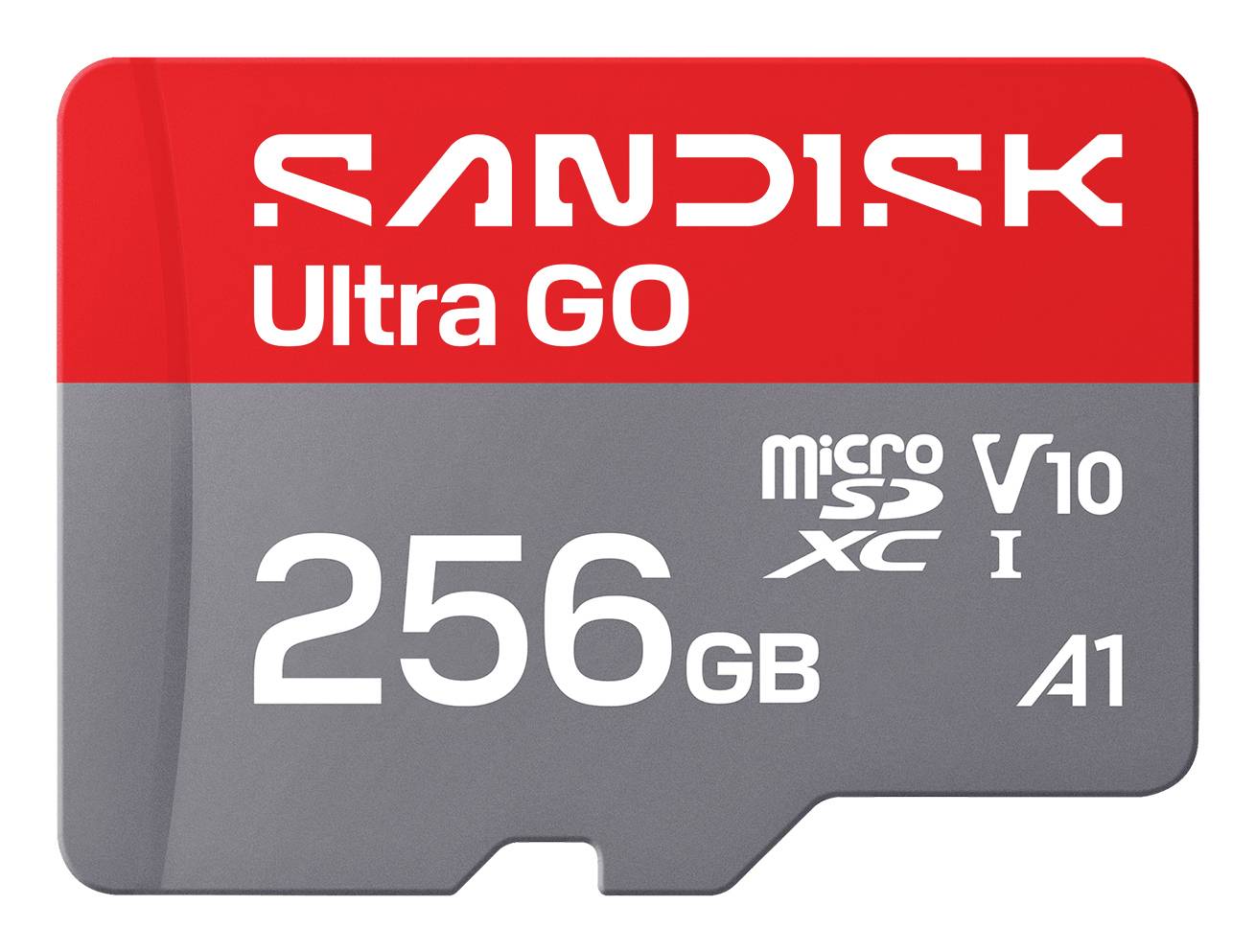 SanDisk Ultra GO 256GB microSD-Karte mit UHS-I, V10 und A1 Geschwindigkeitsklasse-Kennzeichnungen.
