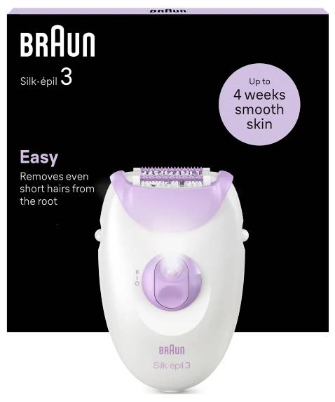 Braun Silk-épil 3 Epilierer auf schwarzer Verpackung, mit Text „Bis zu 4 Wochen glatte Haut" und „Entfernt mühelos auch kurze Haare von der Wurzel".