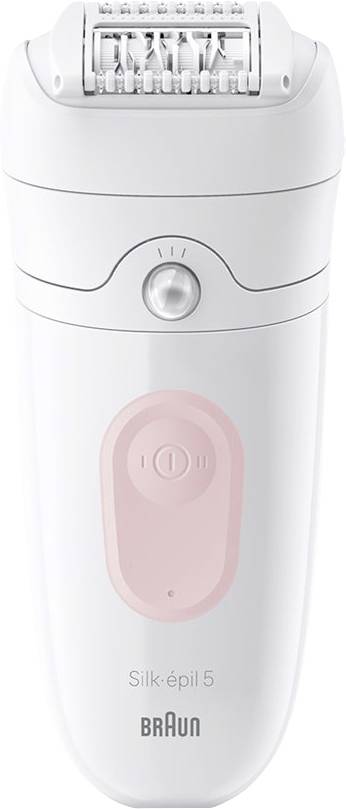 Weiße Braun Silk-épil 5 elektrische Epiliermaschine mit sichtbaren rotierenden Pinzetten und rosa Strombereich an der Vorderseite.