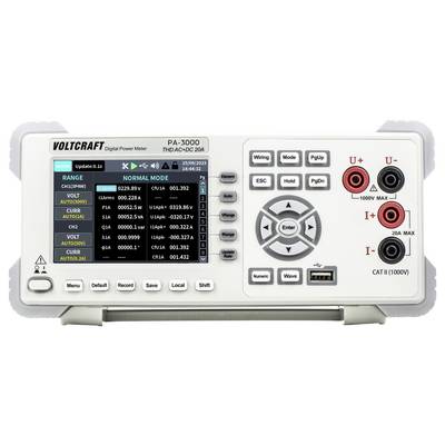 Frontplatte eines VOLTCRAFT PA-3000 digitalen Leistungsmessgeräts mit Display, Steuertasten, Navigationspad und Stromspannungs-Eingangsklemmen.