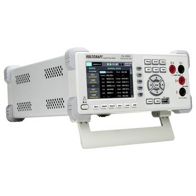 Frontansicht eines VOLTCRAFT PA-3000 Stromanalysators mit Display, Steuertasten und Eingangsklemmen auf einem Ständer.