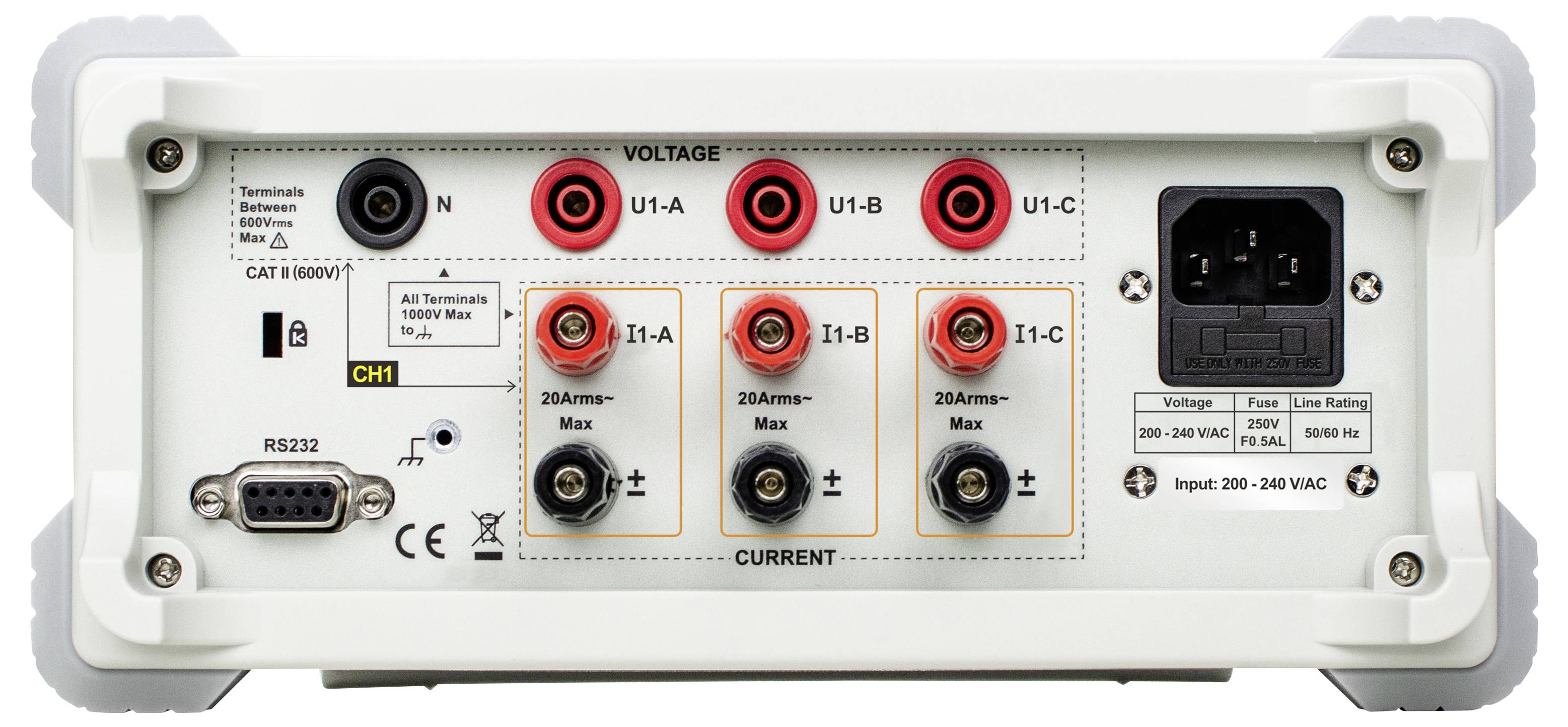 Rückseite eines elektrischen Messinstruments mit Spannungs- und Stromeingangsanschlüssen, RS232-Anschluss und Wechselstromeingang.