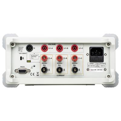 Rückseite eines elektrischen Messinstruments mit Spannungs- und Stromeingangsanschlüssen, RS232-Anschluss und Wechselstromeingang.