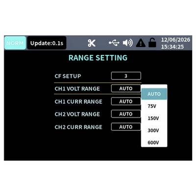 Bereichseinstellungsbildschirm mit CF-Einrichtung 3 und CH1/CH2-Spannungs- und Strombereichen auf AUTO eingestellt, mit einer geöffneten Dropdown-Liste mit den Optionen AUTO, 75V, 150V, 300V und 600V für CH1-Spannungsbereich.