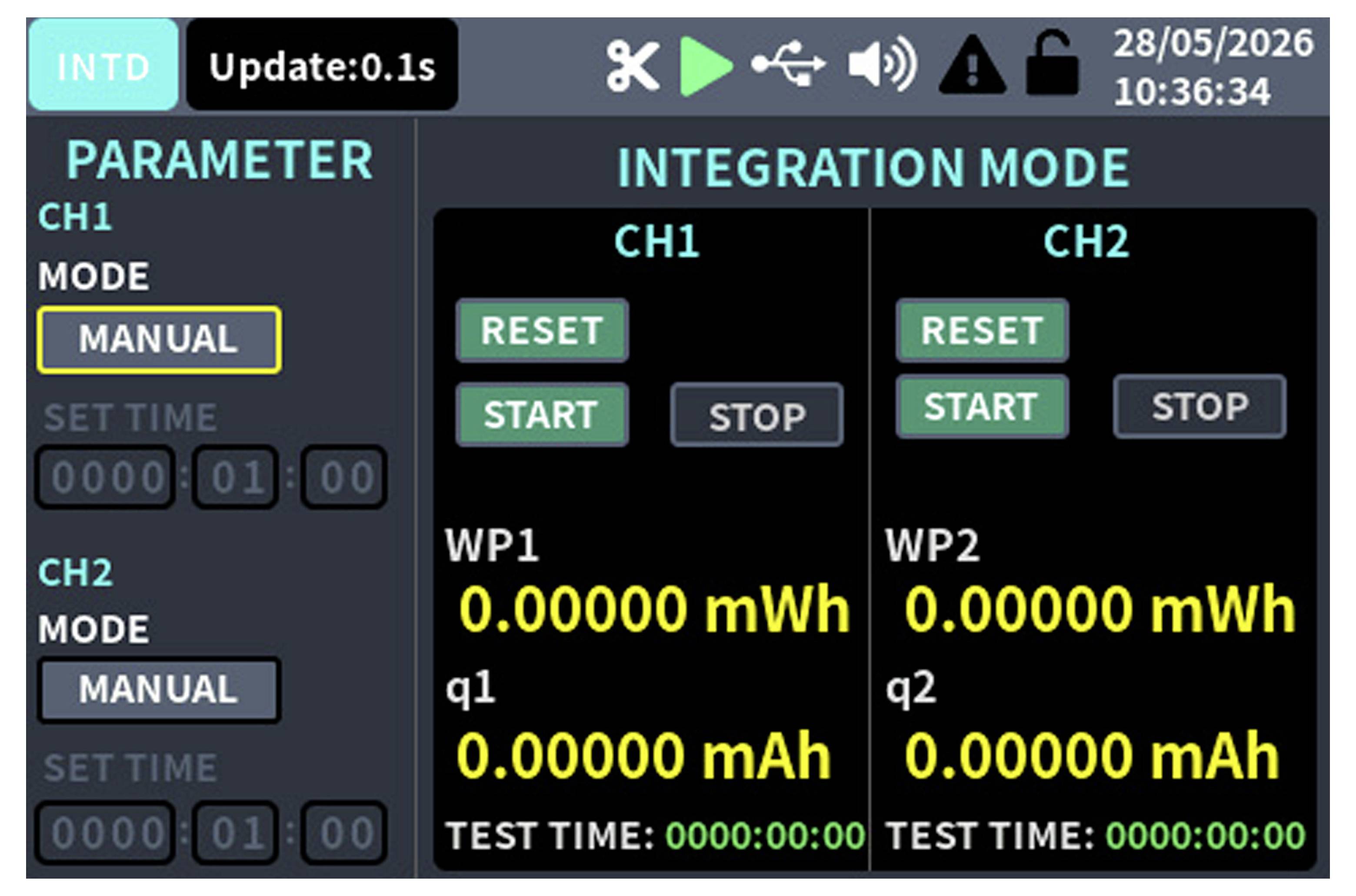 Industrie-Steuerungsdashboard mit Integrationsmodus für CH1 und CH2, beide im manuellen Modus mit Reset-/Start-/Stopp-Tasten und auf Null gesetzten Energieablesungen (mWh, mAh) sowie Testzeit.