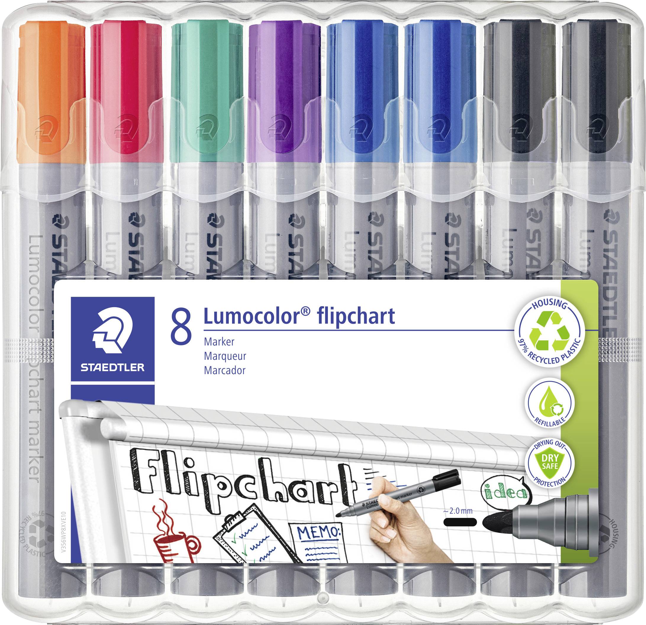 Packung mit 8 Staedtler Lumocolor Flipchart-Markern in verschiedenen Farben, mit transparentem Aufbewahrungskoffer und Produktetikett mit Flipchart-Verwendungsangabe.