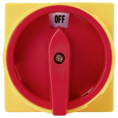 Roter Drehschalterknopf auf gelbem Sockel, auf 'AUS' eingestellt.