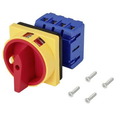 Roter rotierter elektrischer Trennschalter mit gelbem Frontblech und blauem Gehäuse an der Rückseite, dargestellt mit vier Befestigungsschrauben auf weißem Hintergrund.