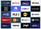 Raster von Streaming- und Media-Service-Logos, darunter Prime Video, Netflix, Disney+, YouTube, DAZN, Paramount+, RTL+, waipu.tv, ARD, Plex, Pluto TV, Deezer, Rakuten TV, ZDF, YouTube Kids, CHILI, rlaxx, Vevo, Joyn und UEFA.tv.